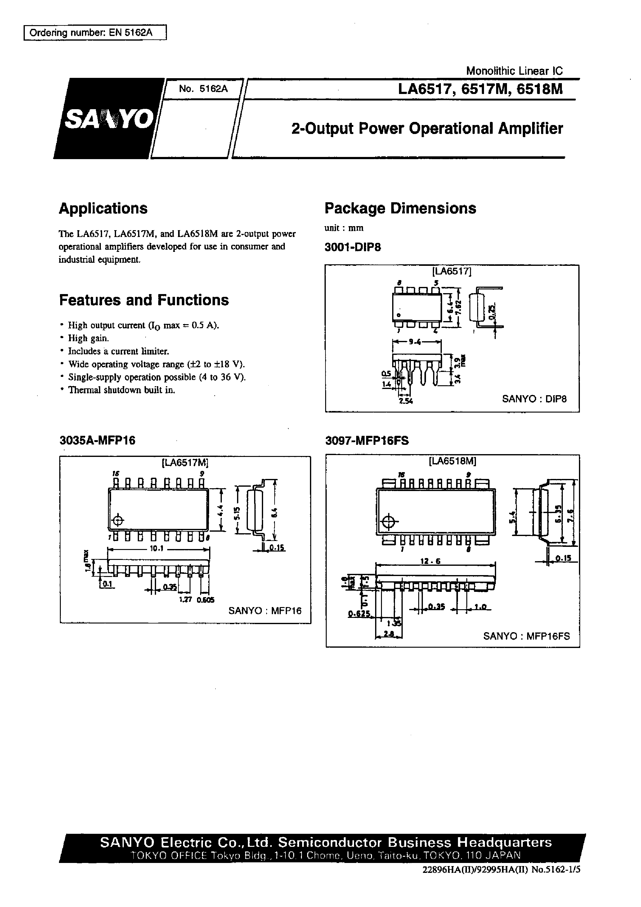 Datasheet LA6517 - 2-Output Power Operational Amplifier page 1