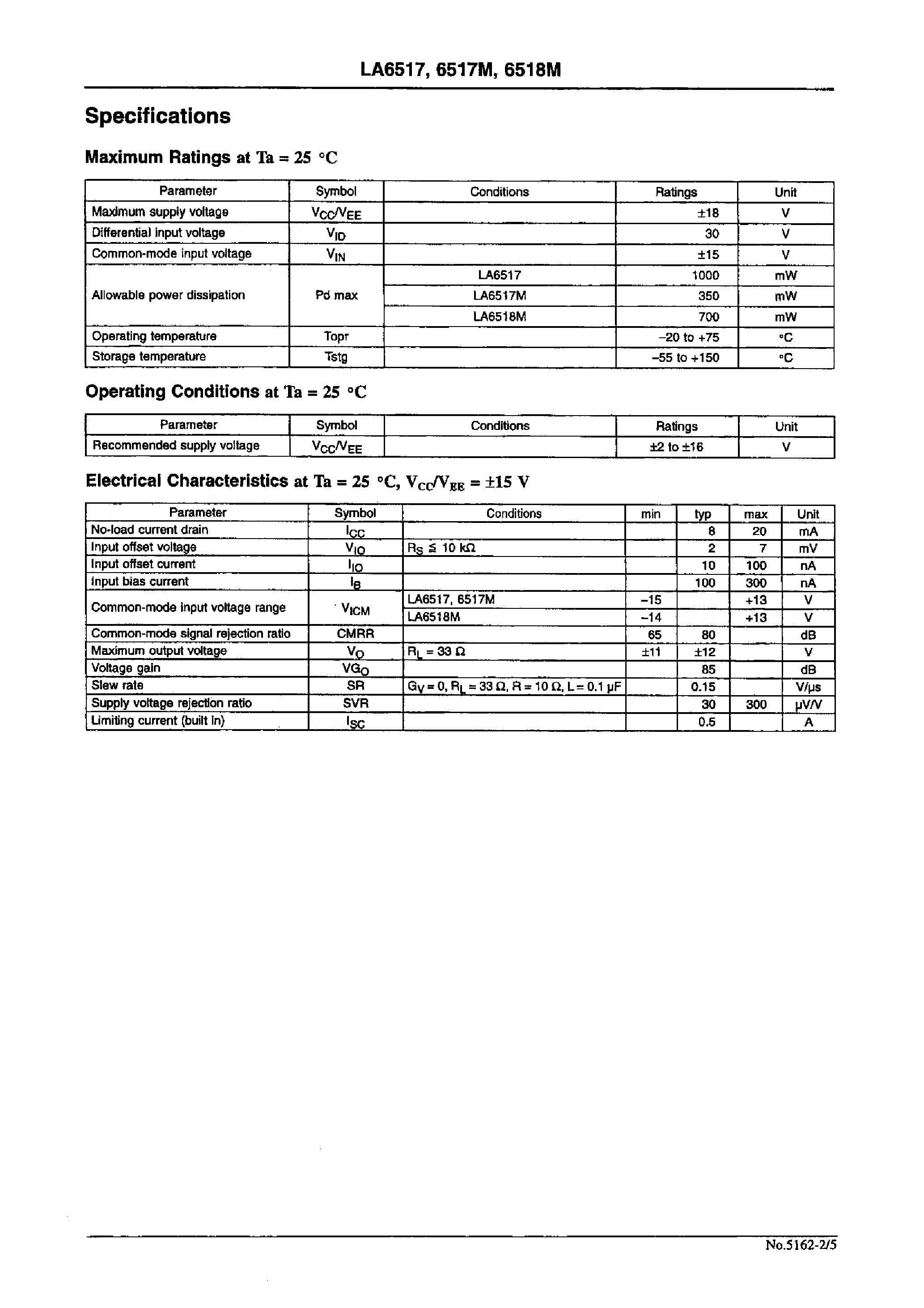 Datasheet LA6517 - 2-Output Power Operational Amplifier page 2