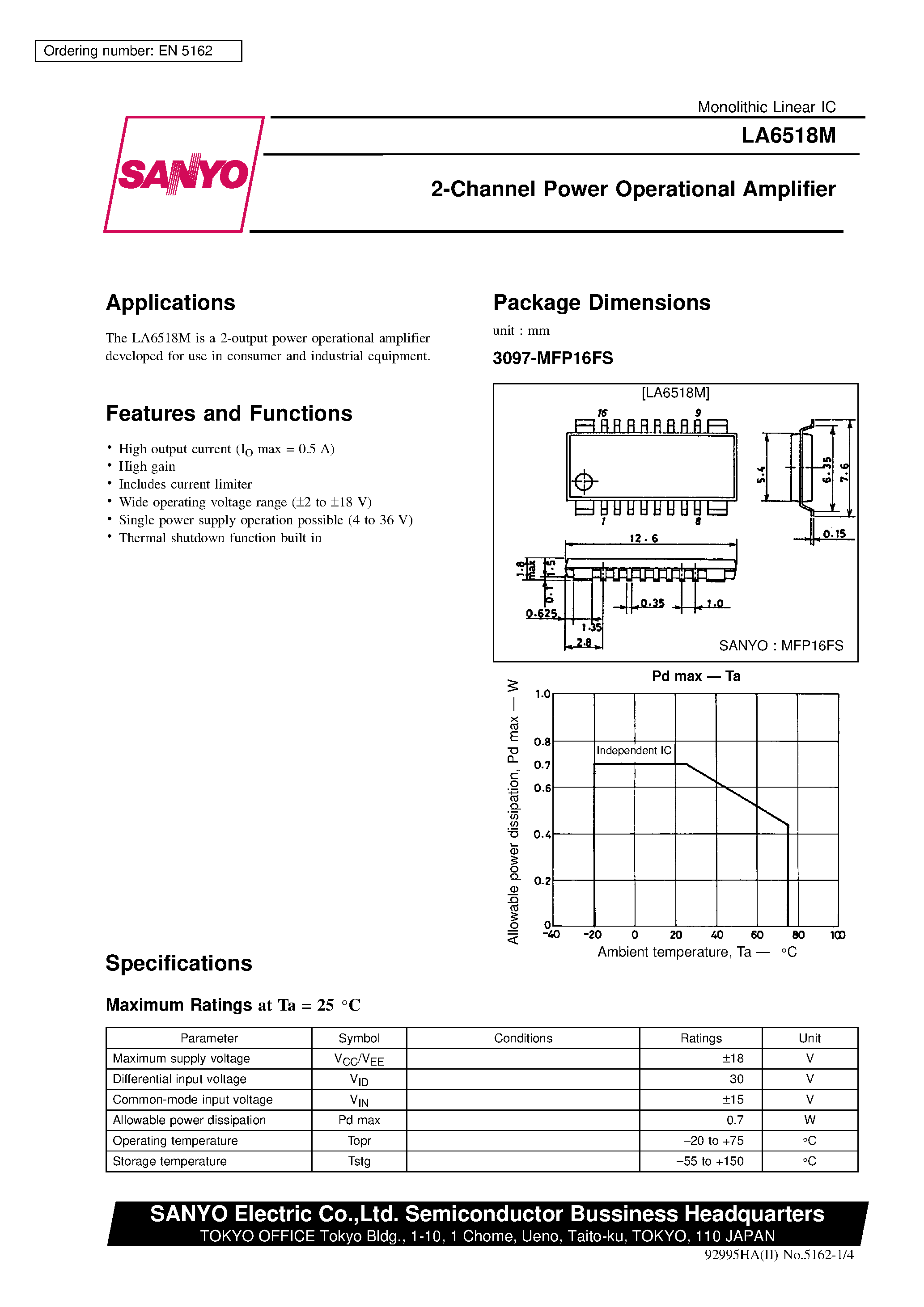 Datasheet LA6518 - 2-Channel Power Operational Amplifier page 1