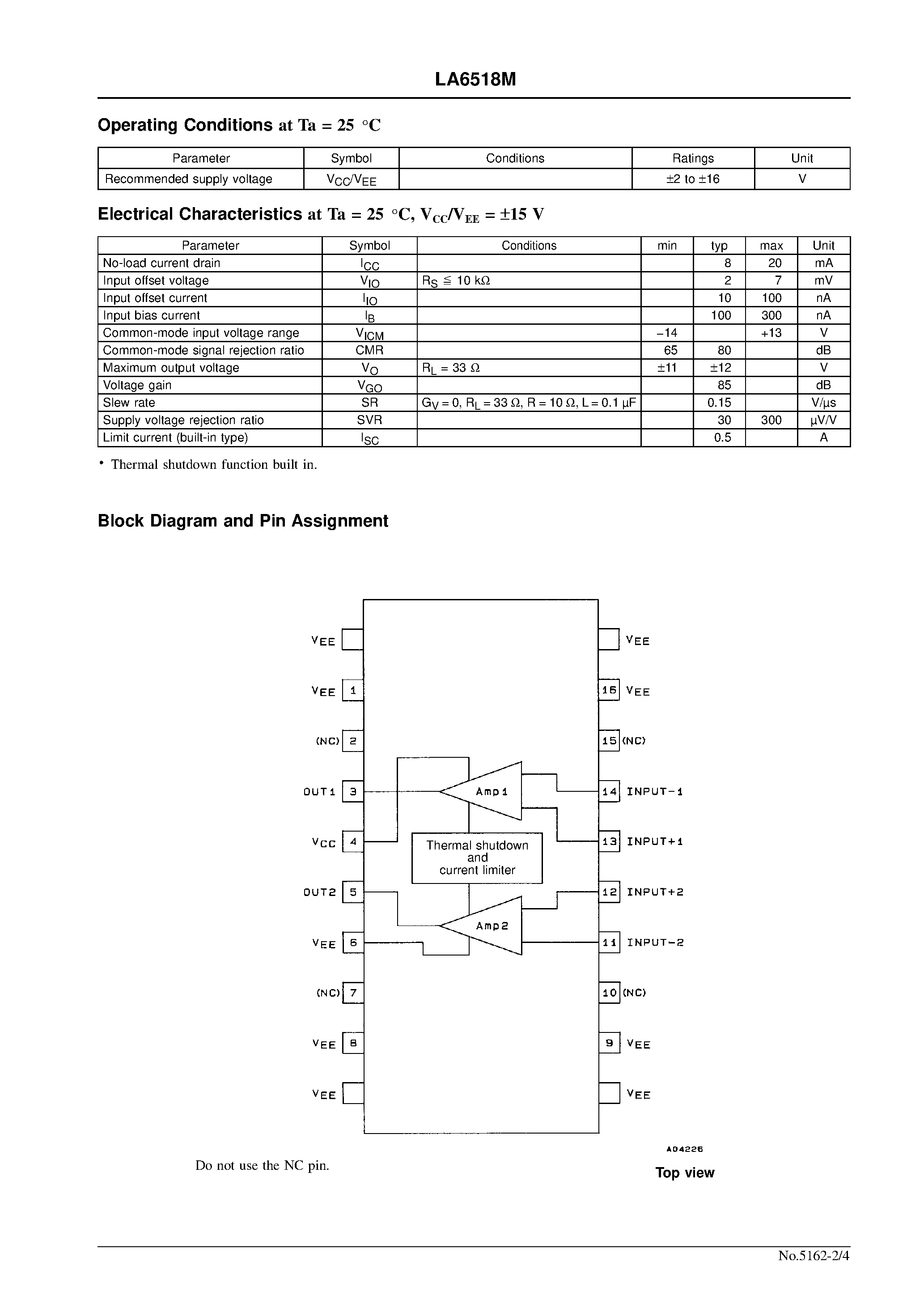 Datasheet LA6518M - 2-Output Power Operational Amplifier page 2