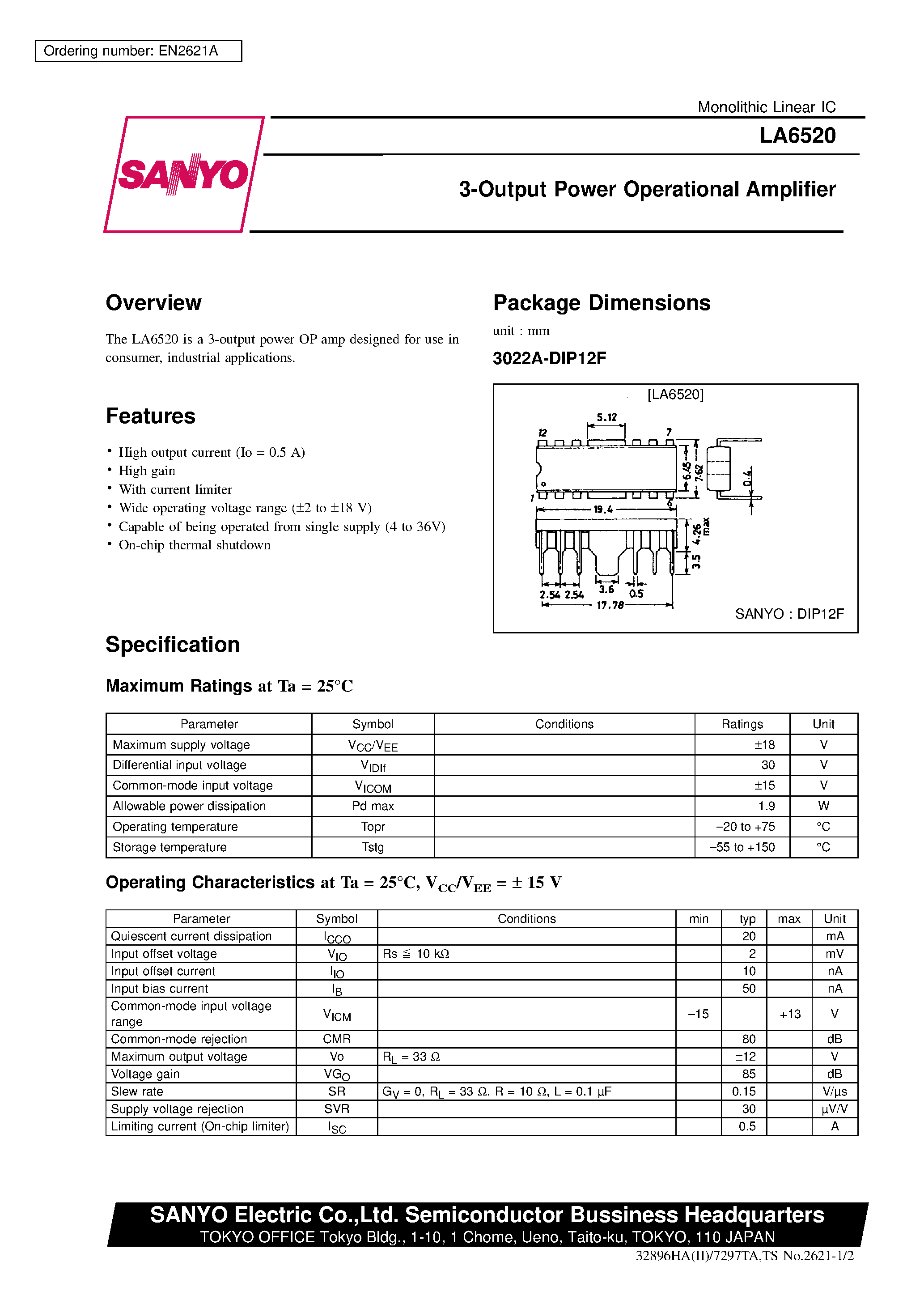 Datasheet LA6520 - 3-Output Power Operational Amplifier page 1