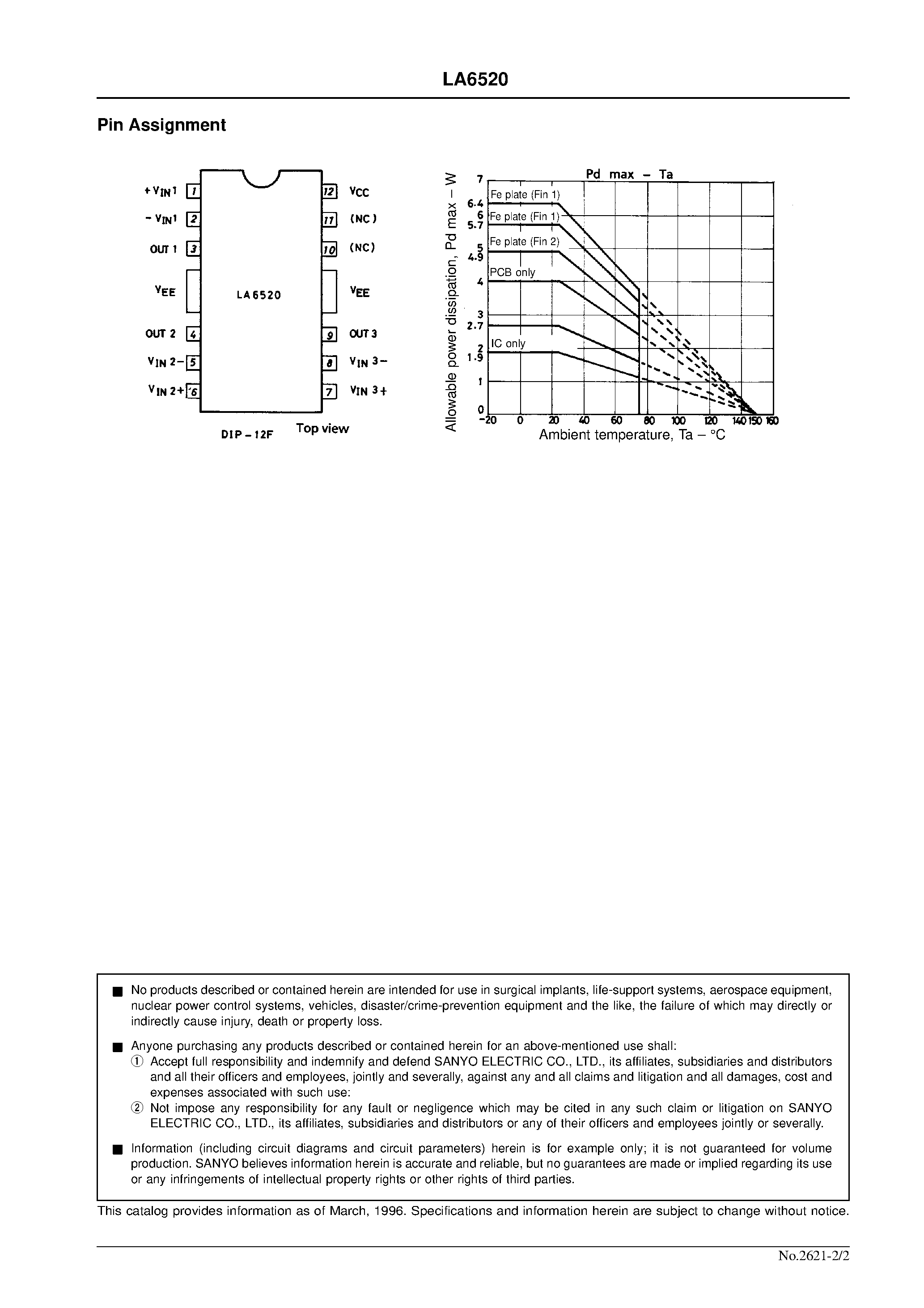 Datasheet LA6520 - 3-Output Power Operational Amplifier page 2
