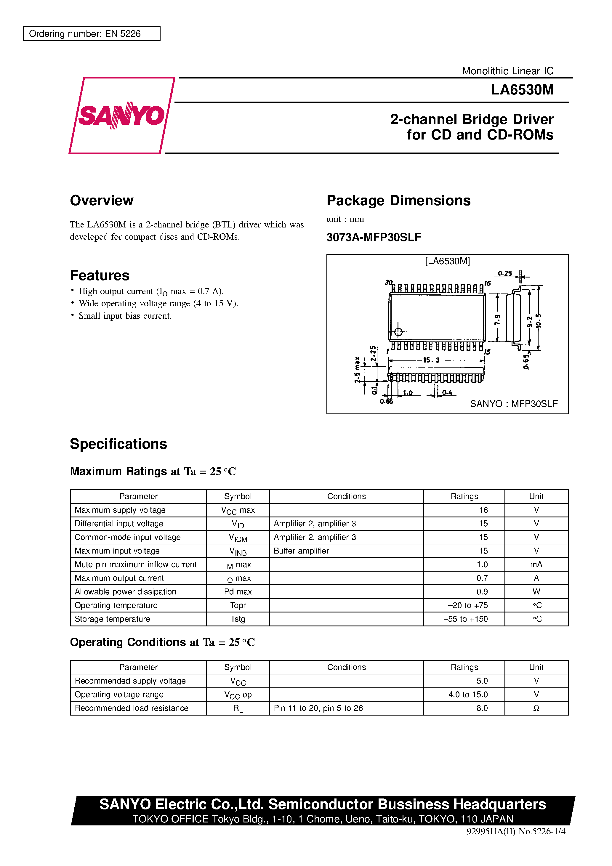 Datasheet LA6530M - 2-channel Bridge Driver for CD and CD-ROMs page 1