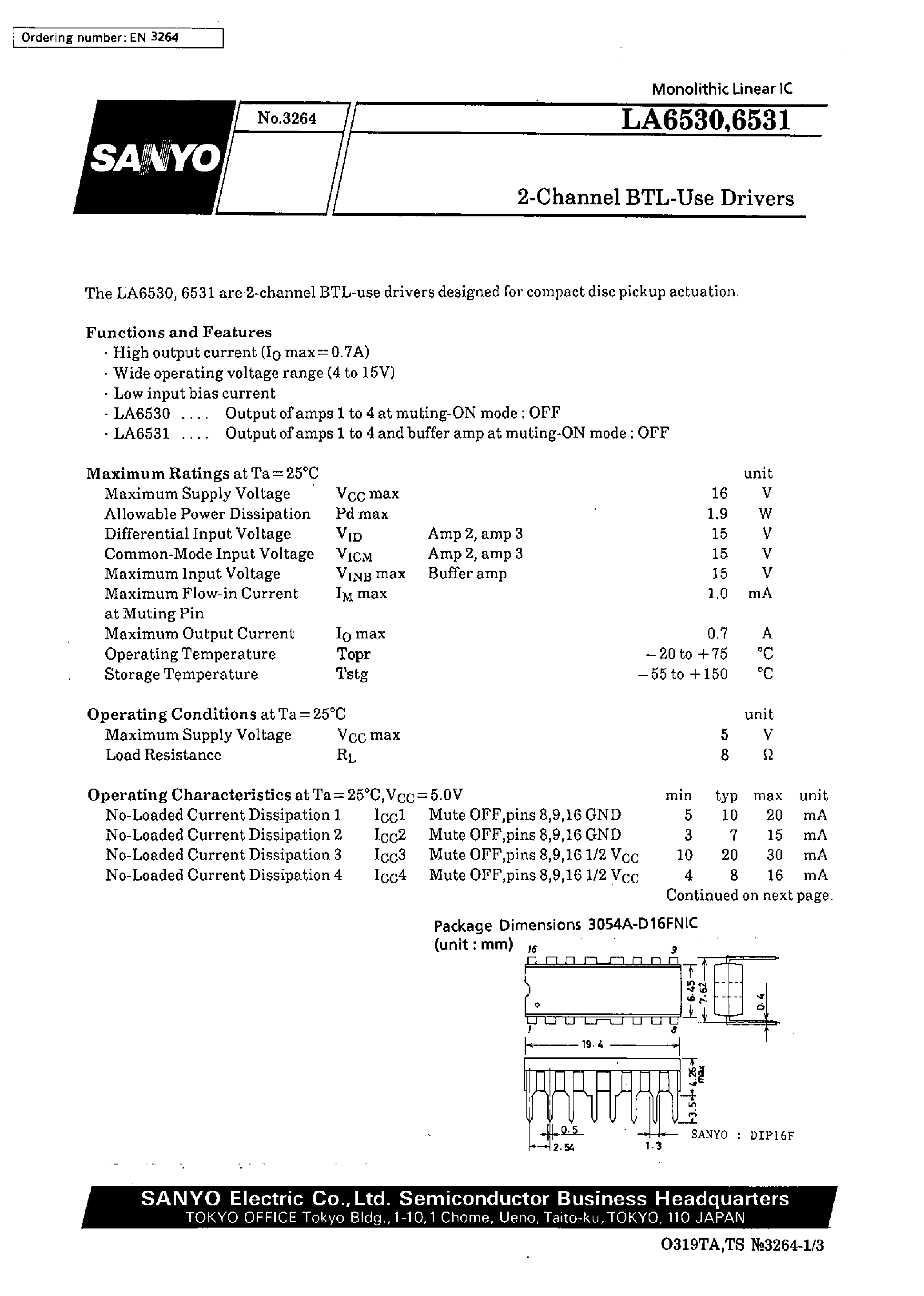 Datasheet LA6531 - 2-Channel BTL-Use Drivers page 1