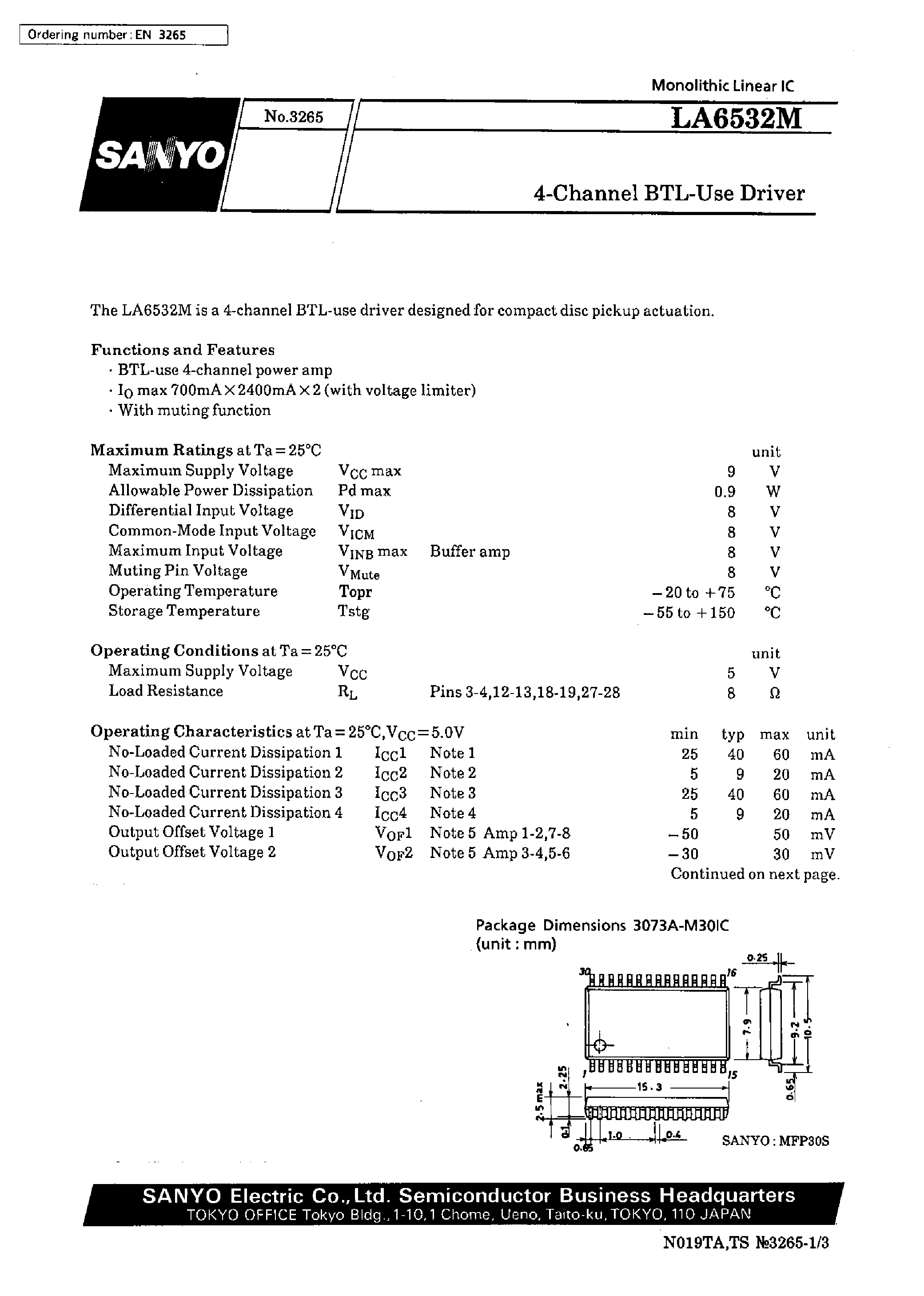 Даташит LA6532 - 4-Channel BTL-Use Driver страница 1