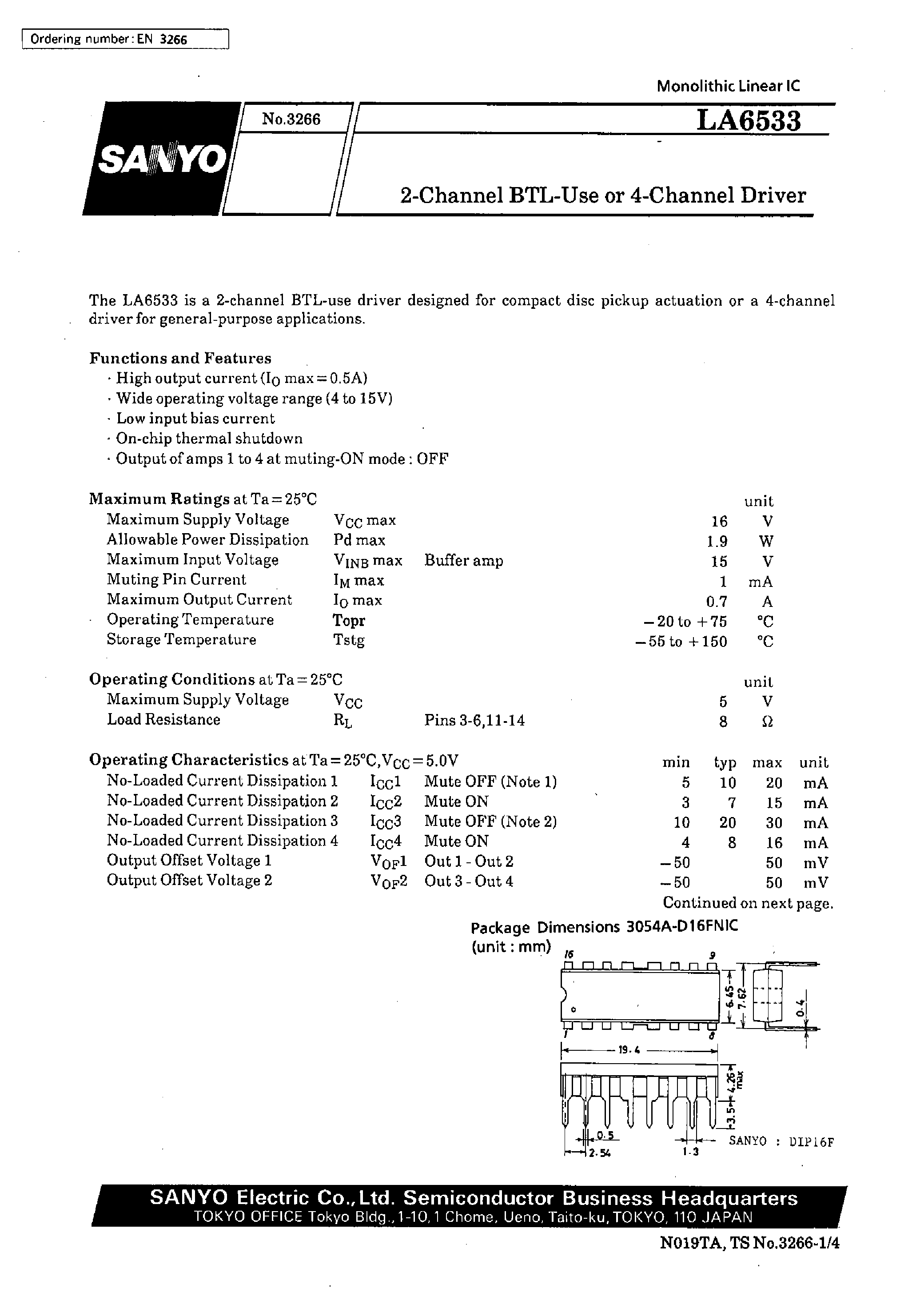 Даташит LA6533 - 2-Channel BTL-Use or 4-Channel Driver страница 1