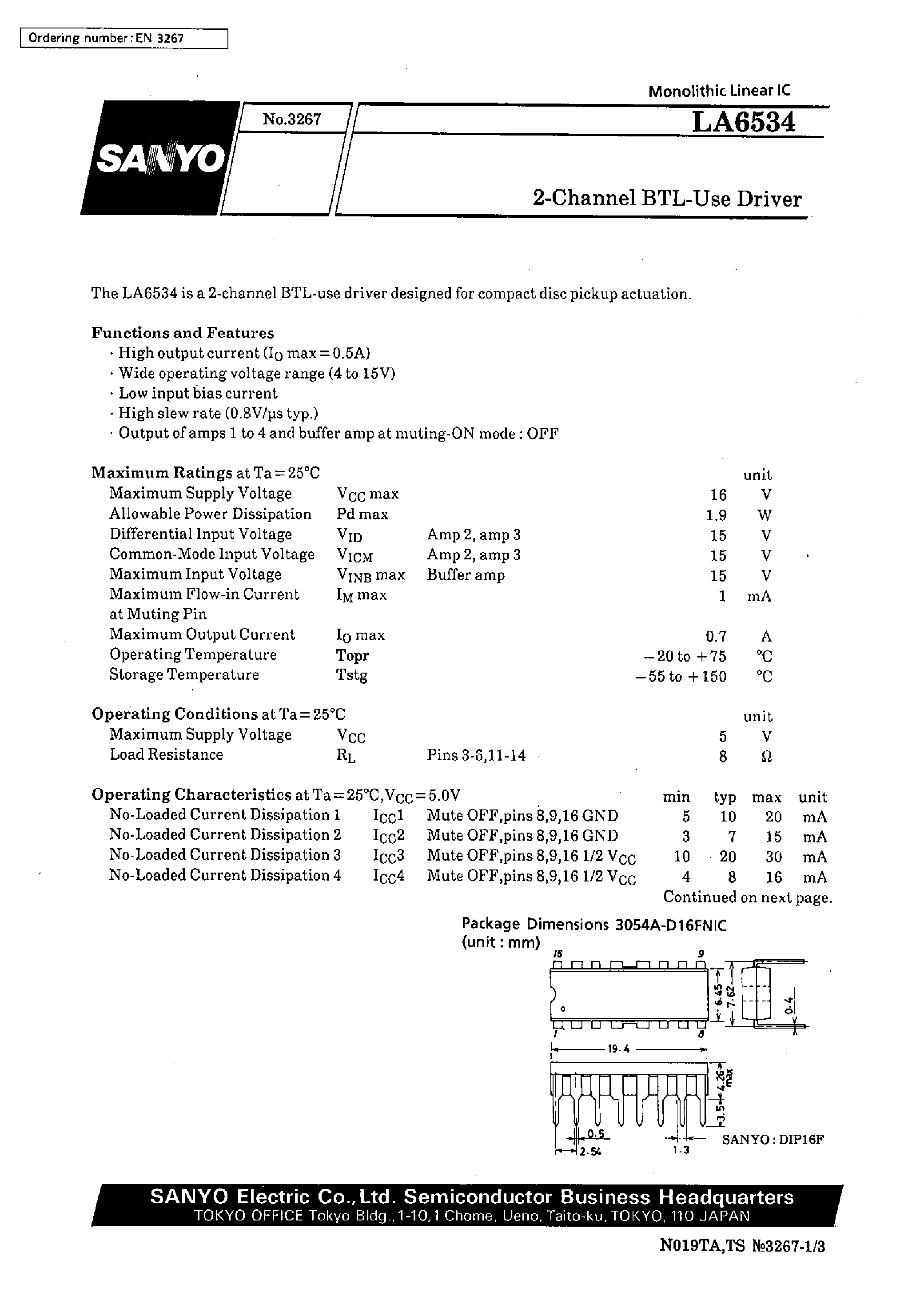 Datasheet LA6534 - 2-Channel BTL-Use Driver page 1