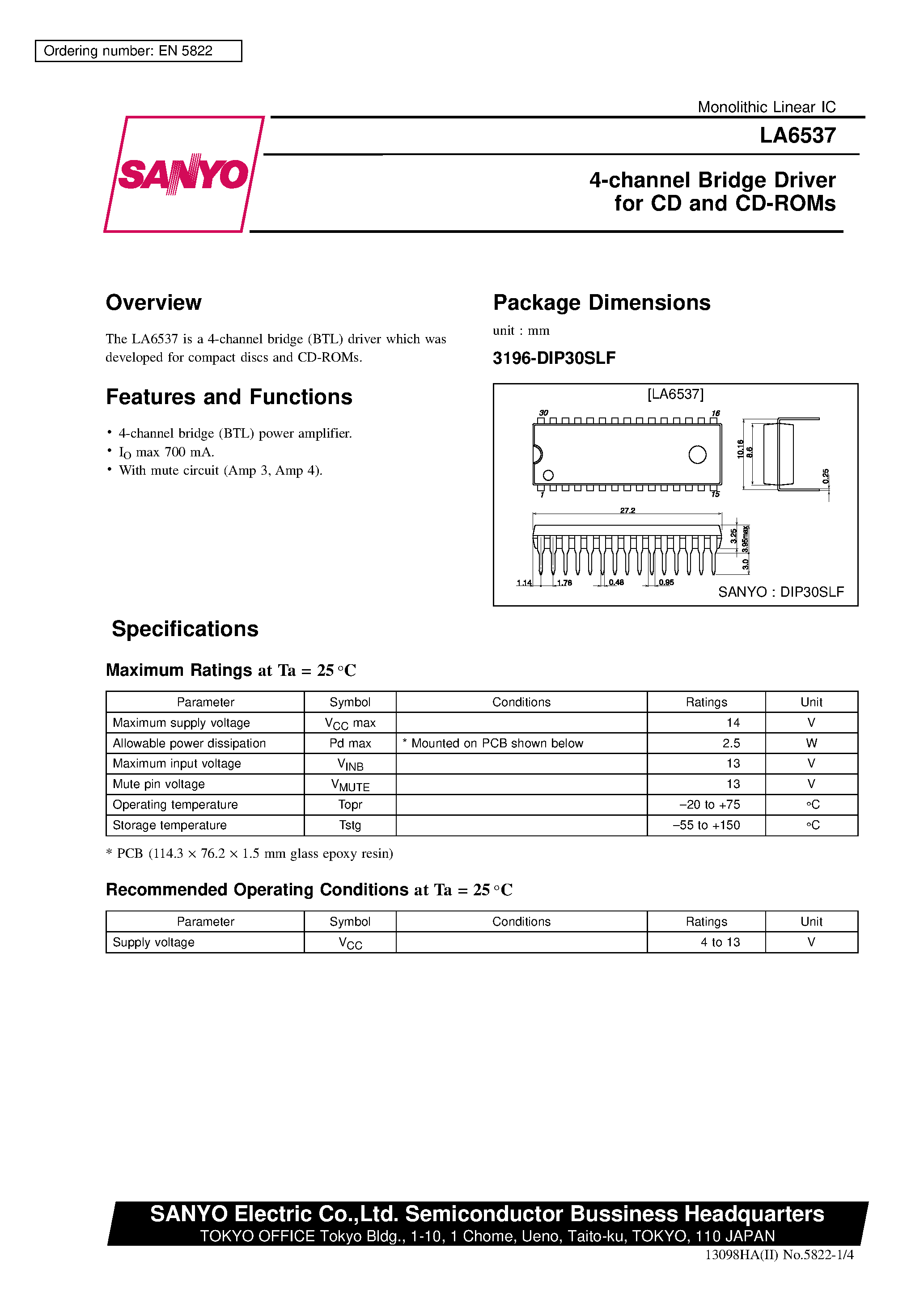 Даташит LA6537 - 4-channel Bridge Driver for CD and CD-ROMs страница 1