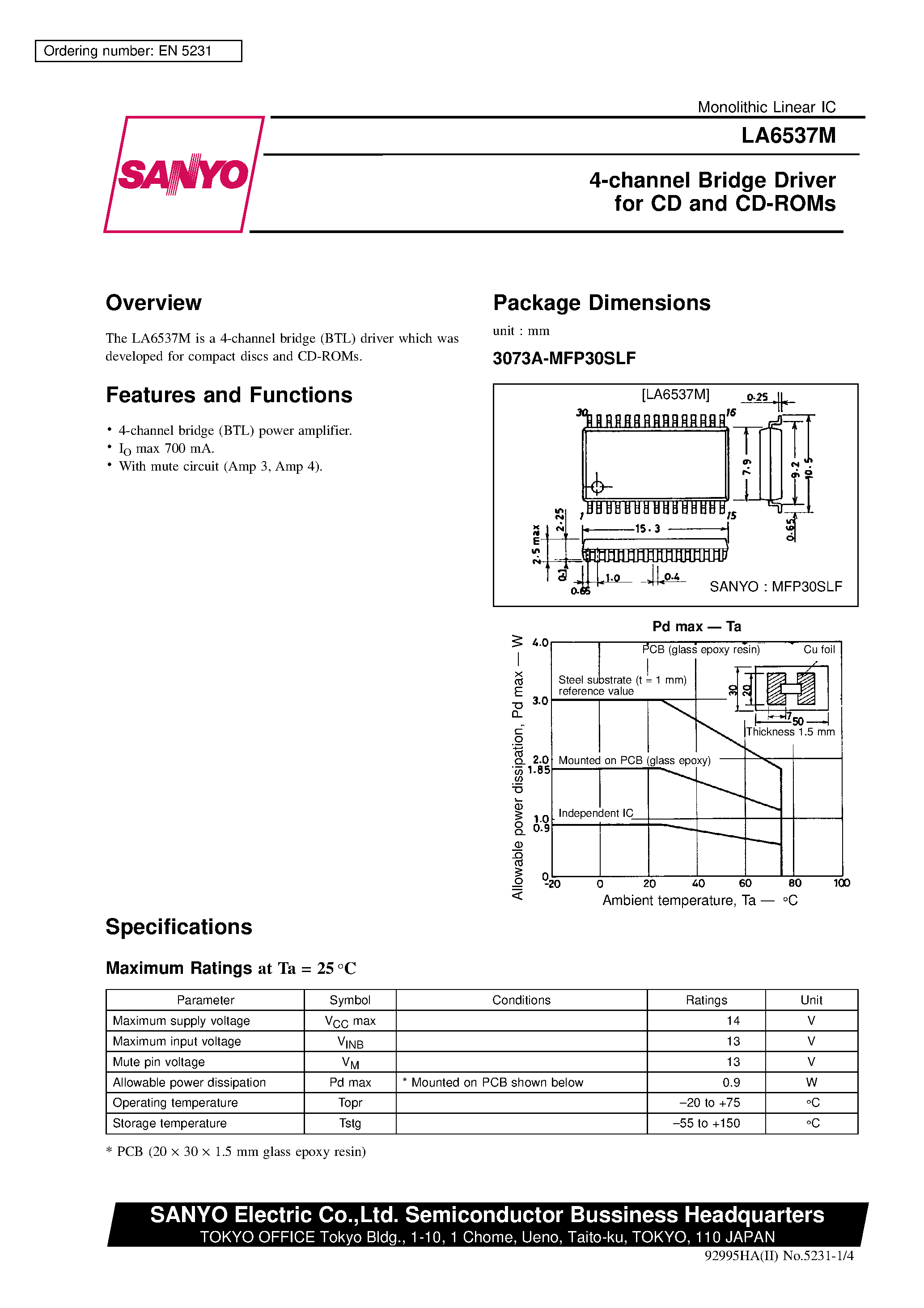 Datasheet LA6537M - 4-channel Bridge Driver for CD and CD-ROMs page 1