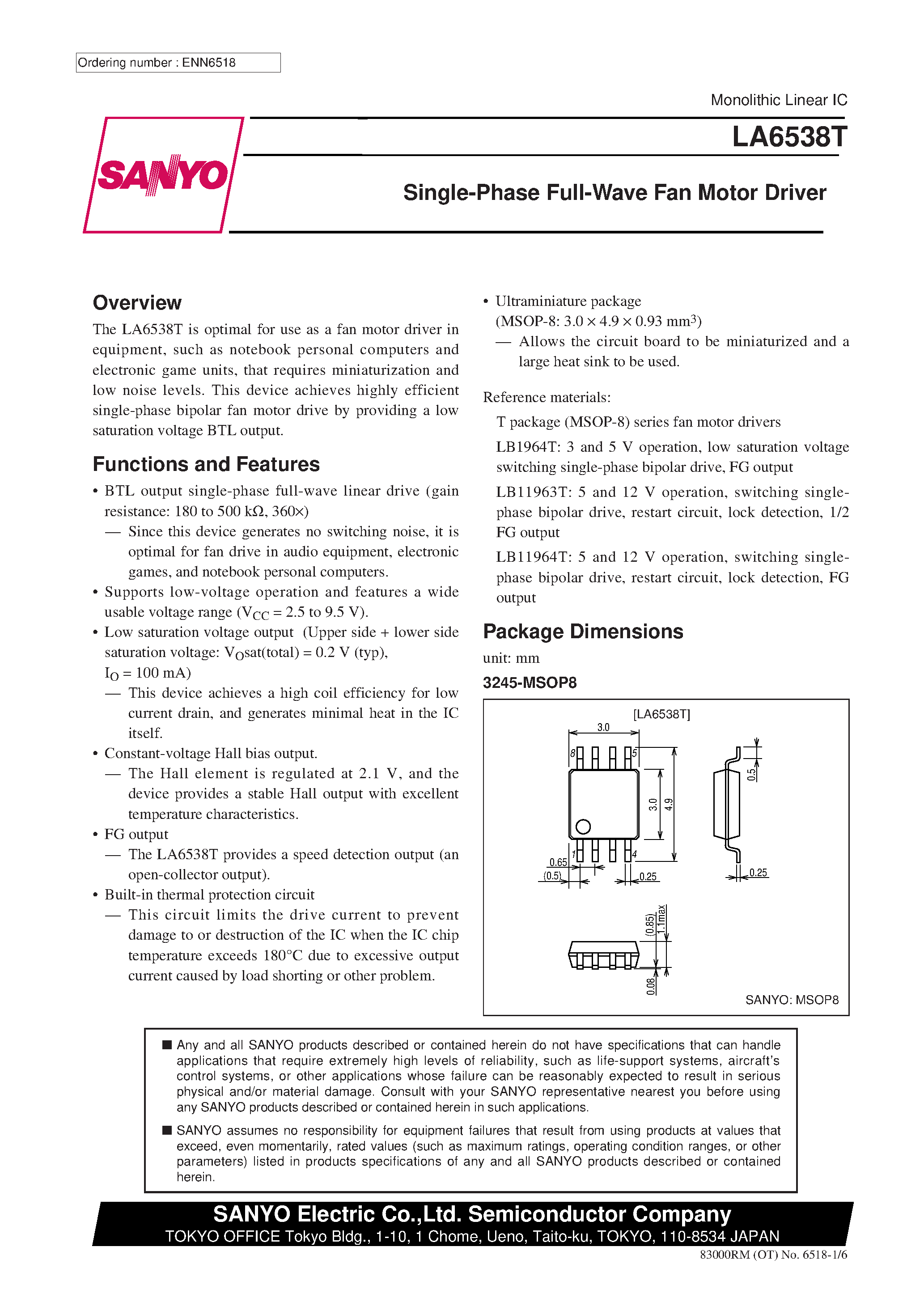 Datasheet LA6538T page 1 Datasheet LA6538T - Single-Phase Full-Wave Fan Motor Driver page 1