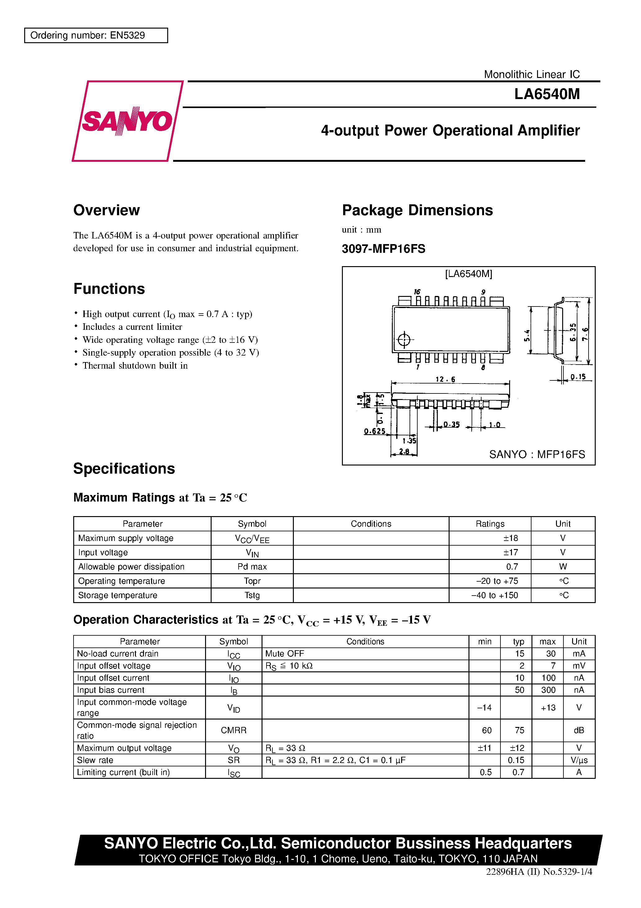 Даташит LA6540M - 4-output Power Operational Amplifier страница 1