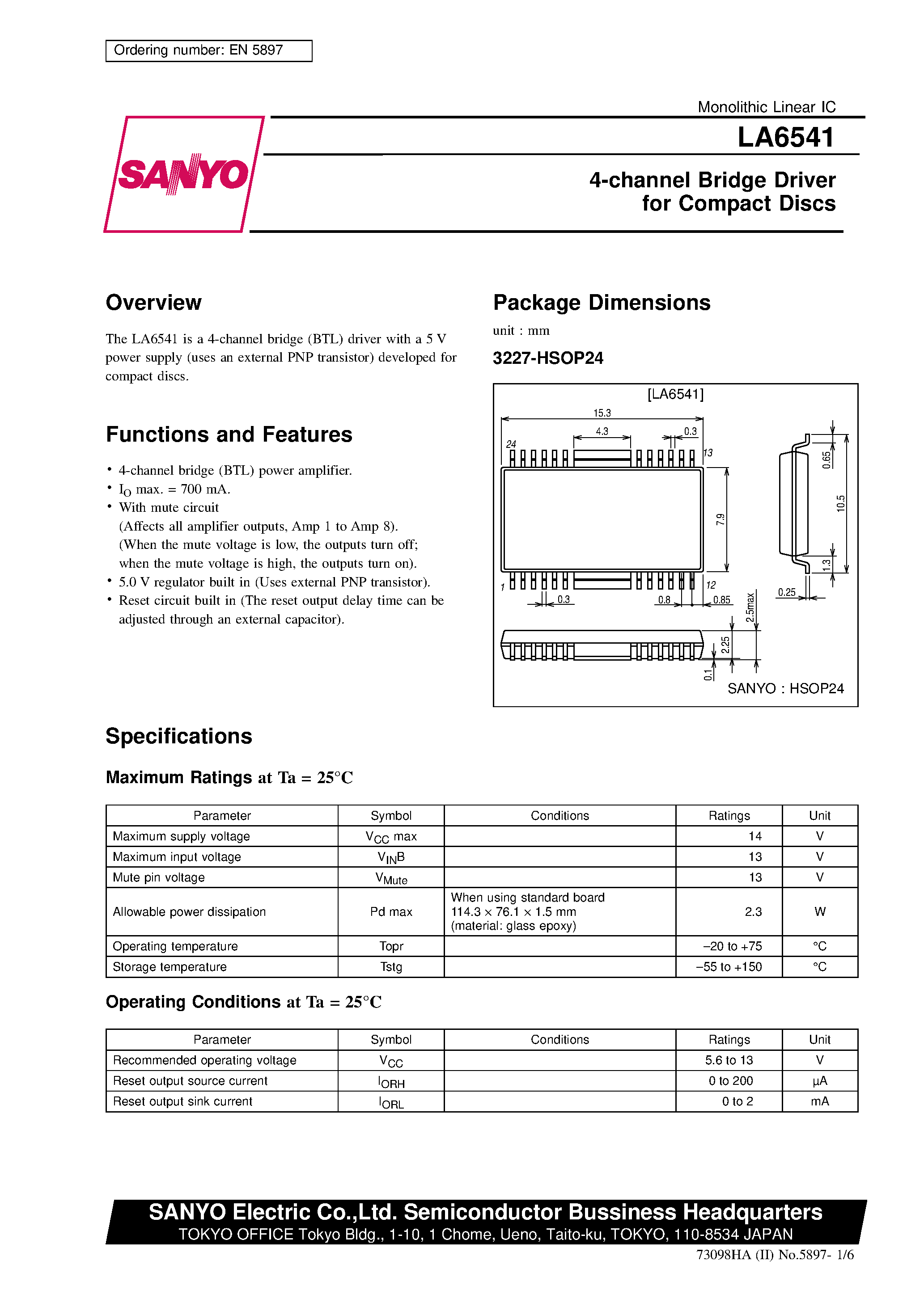 Даташит LA6541 - 4-channel Bridge Driver for Compact Discs страница 1