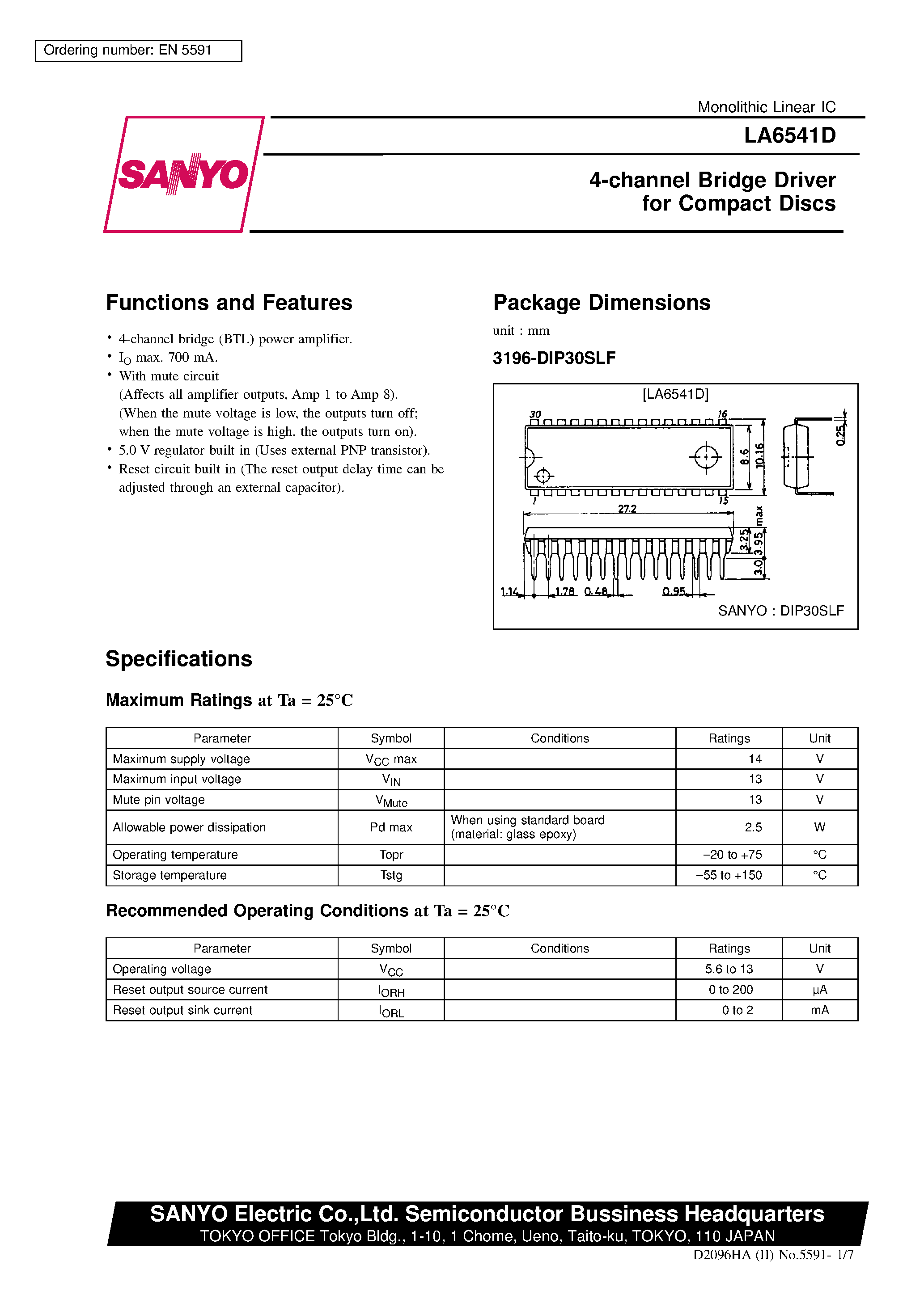 Даташит LA6541D - 4-channel Bridge Driver for Compact Discs страница 1