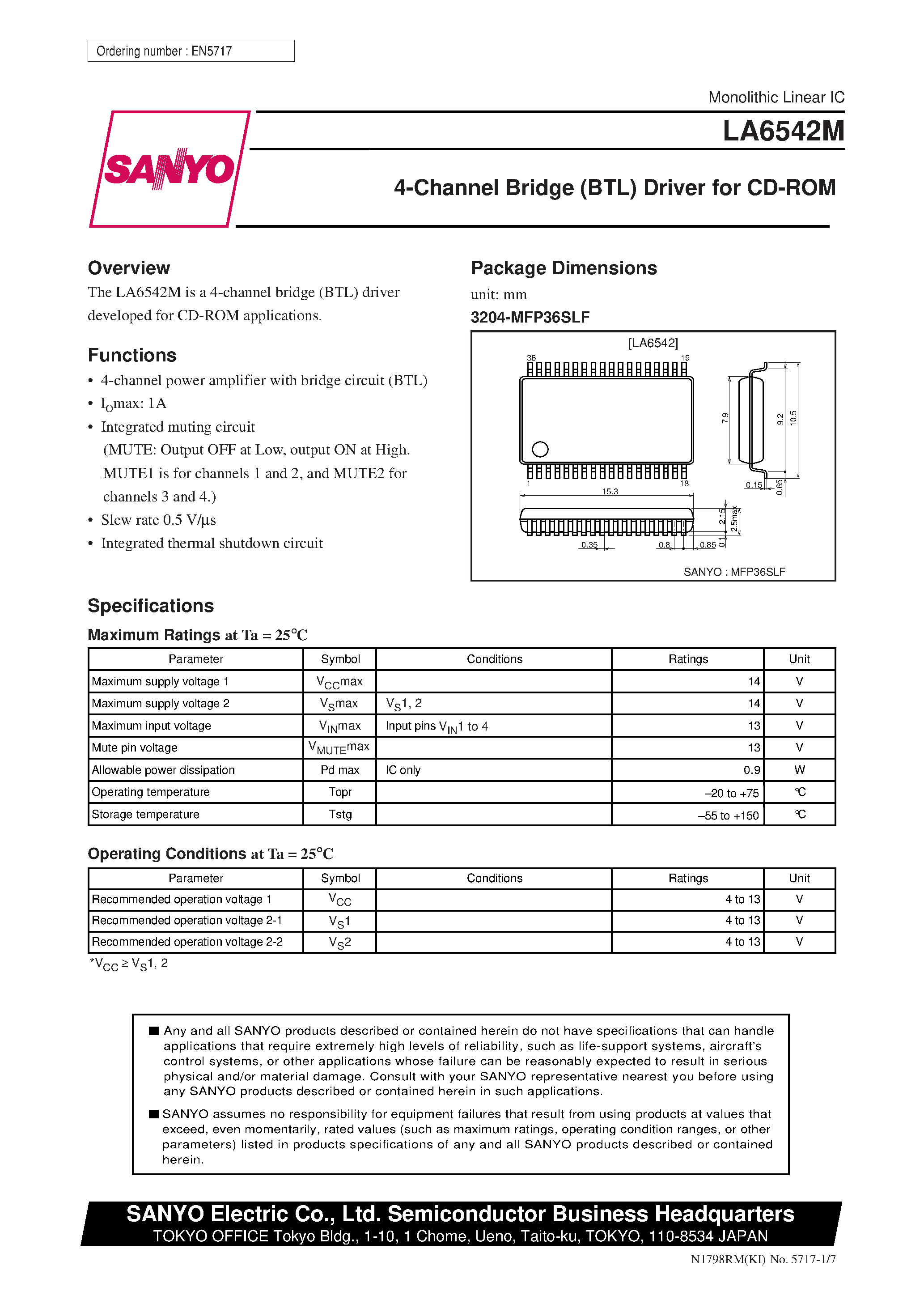 Datasheet LA6542M - 4-Channel Bridge (BTL) Driver for CD-ROM page 1
