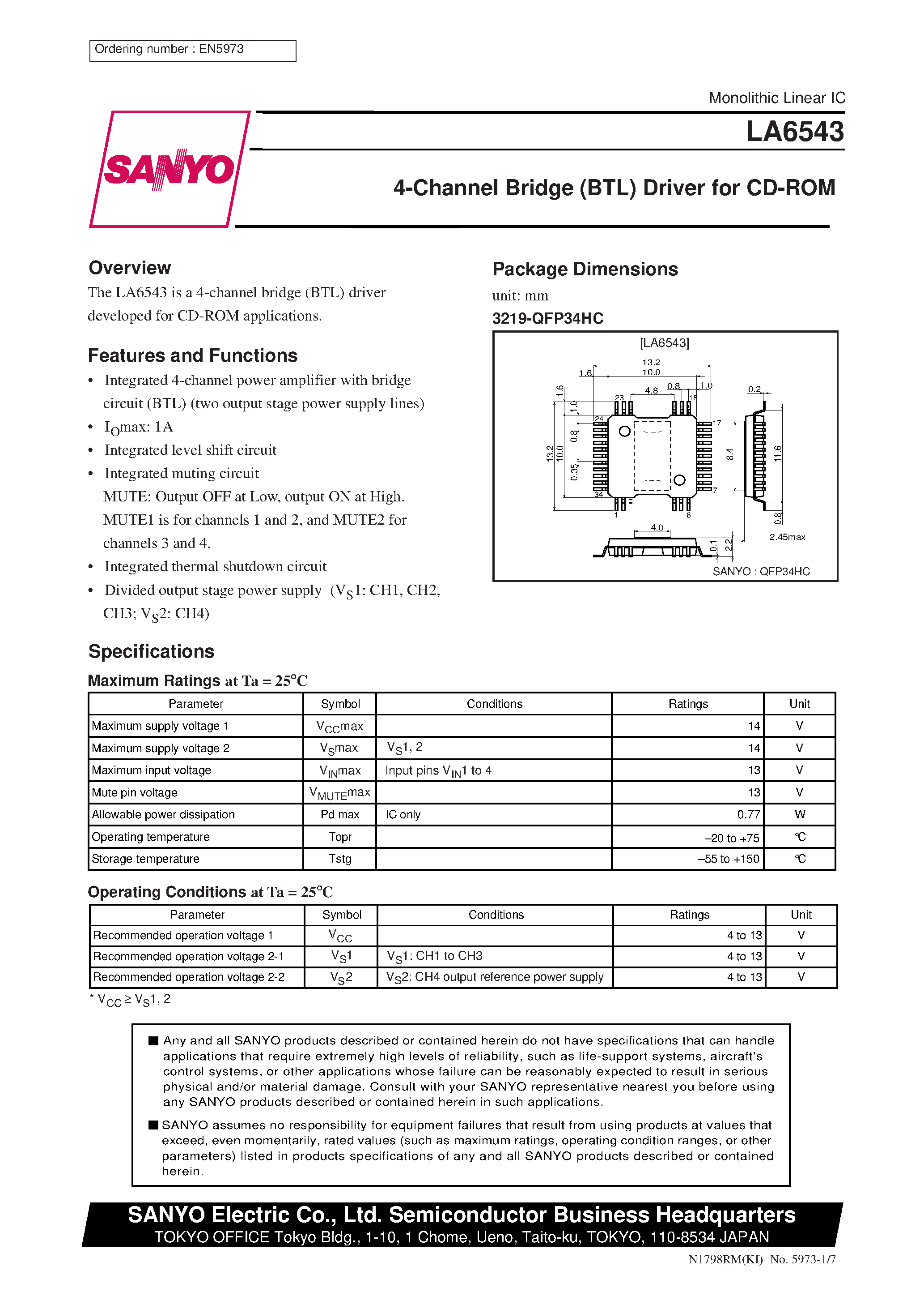 Datasheet LA6543 - 4-Channel Bridge (BTL) Driver for CD-ROM page 1