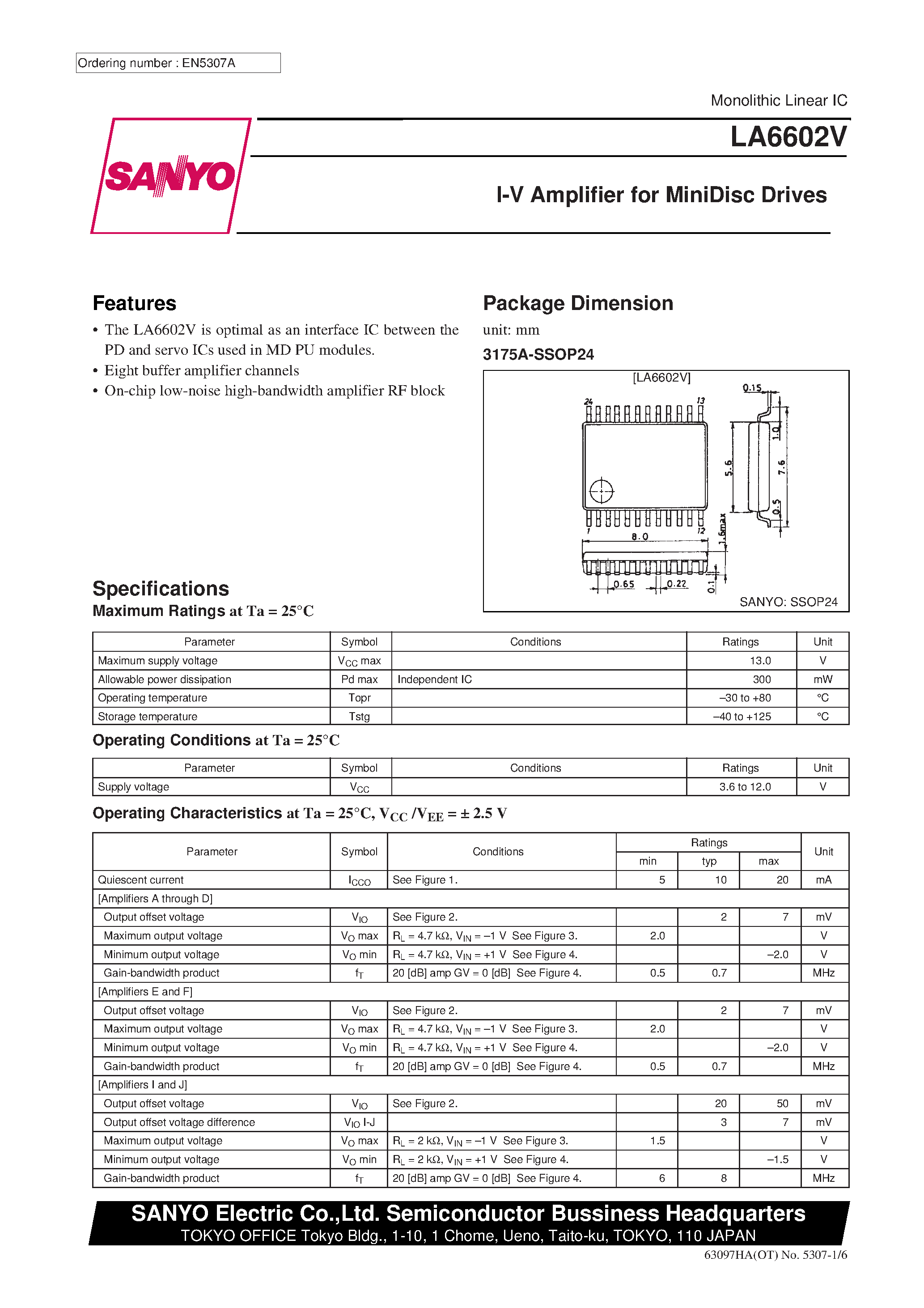 Datasheet LA6602V - I-V Amplifier for MiniDisc Drives page 1