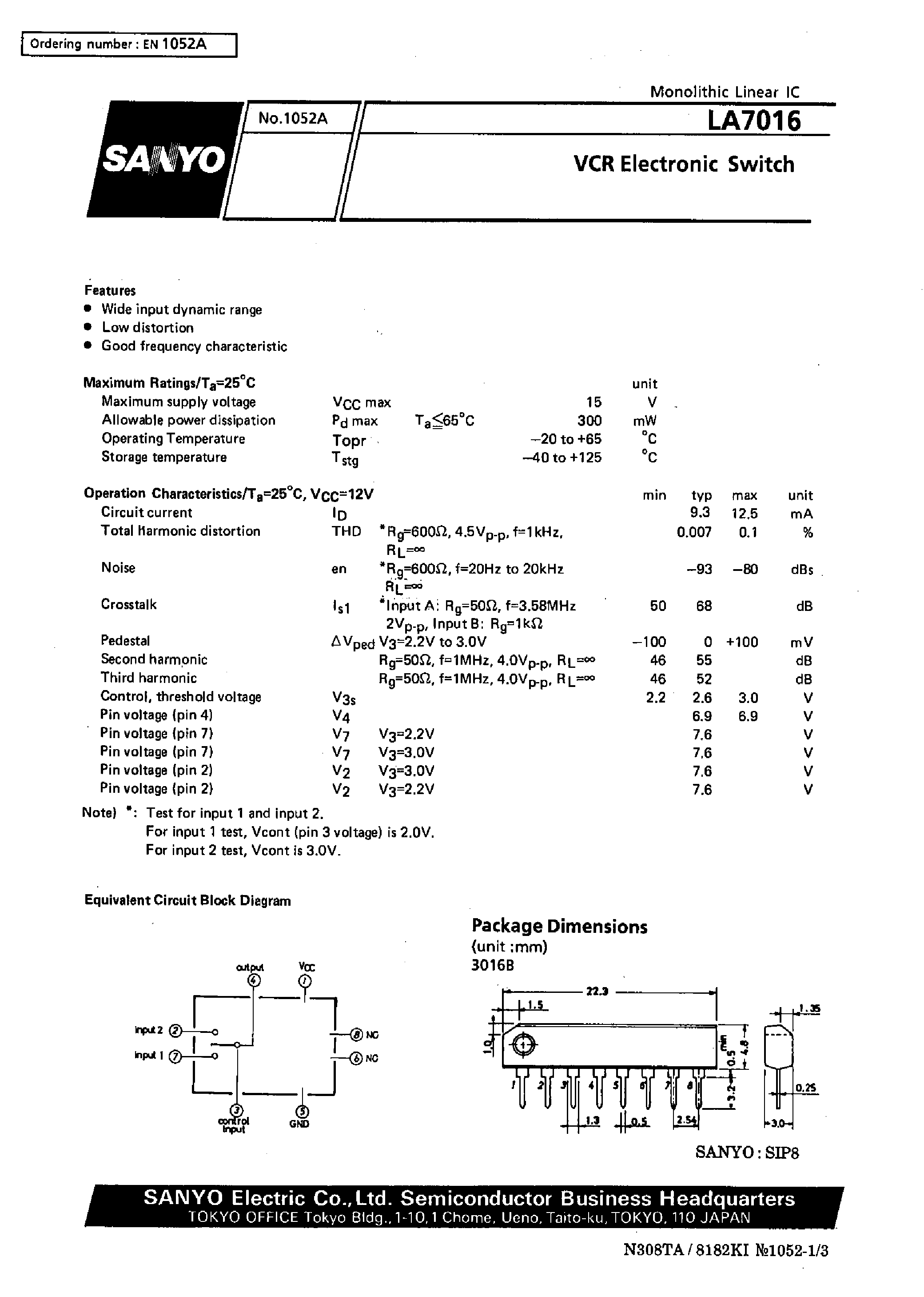 Datasheet LA7016 page 1 Datasheet LA7016 - VCR Electronic Switch page 1