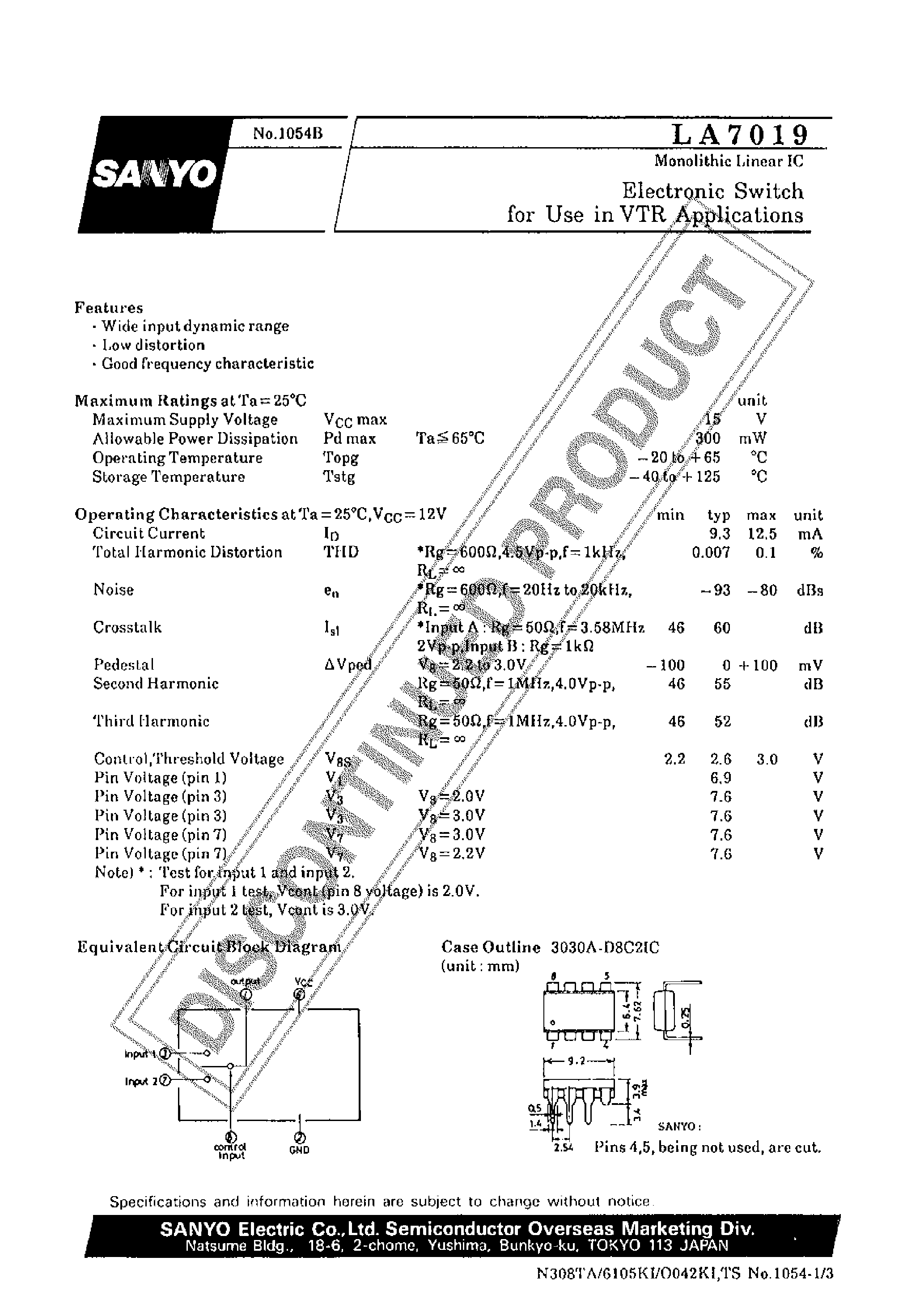Datasheet LA7019 page 1 Datasheet LA7019 - ELECTRONIC SWITCH FOR USE IN VTR APPLICATIONS page 1