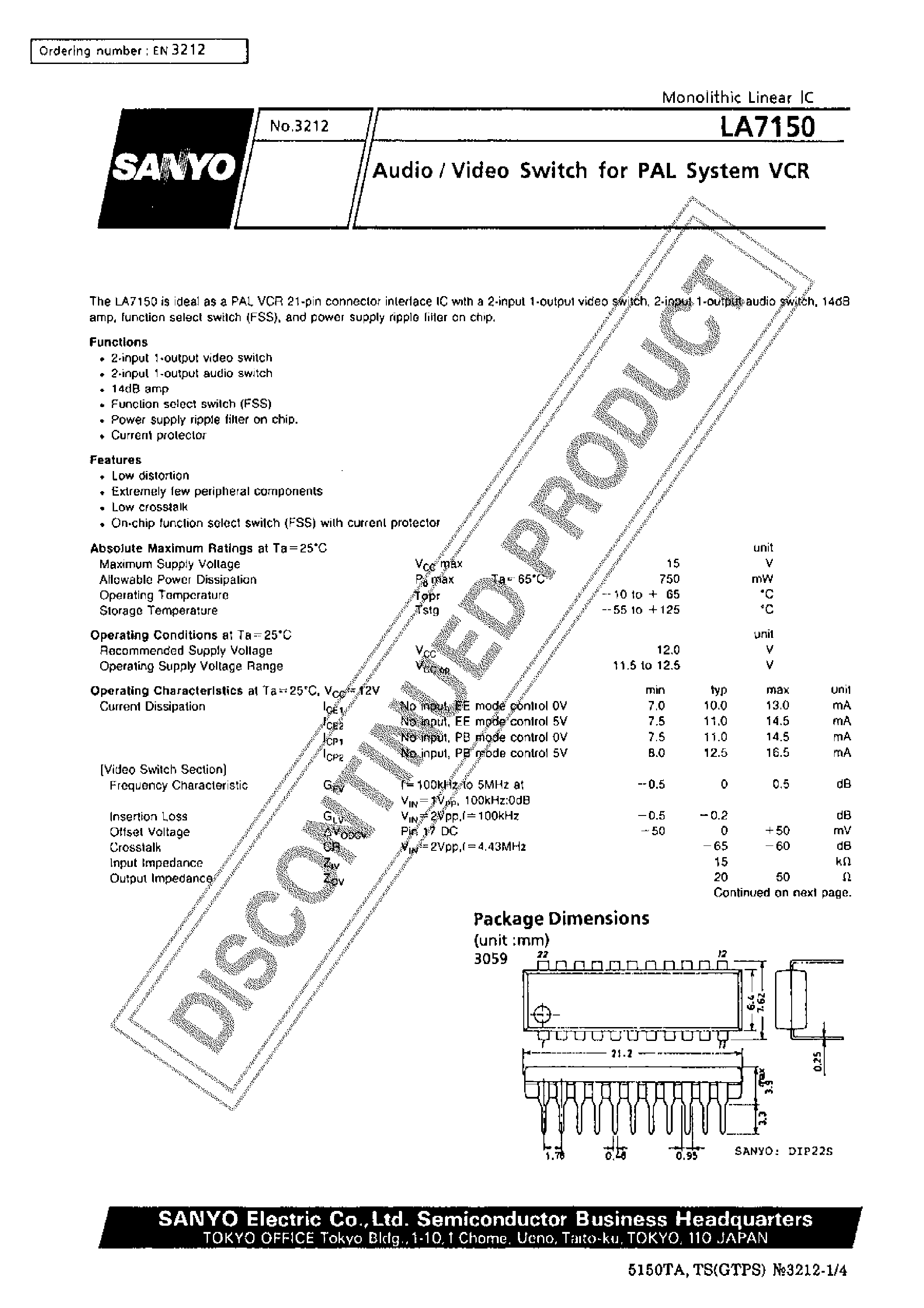 Datasheet LA7150 page 1 Datasheet LA7150 - Audio/Video Switch for PAL System VCR page 1
