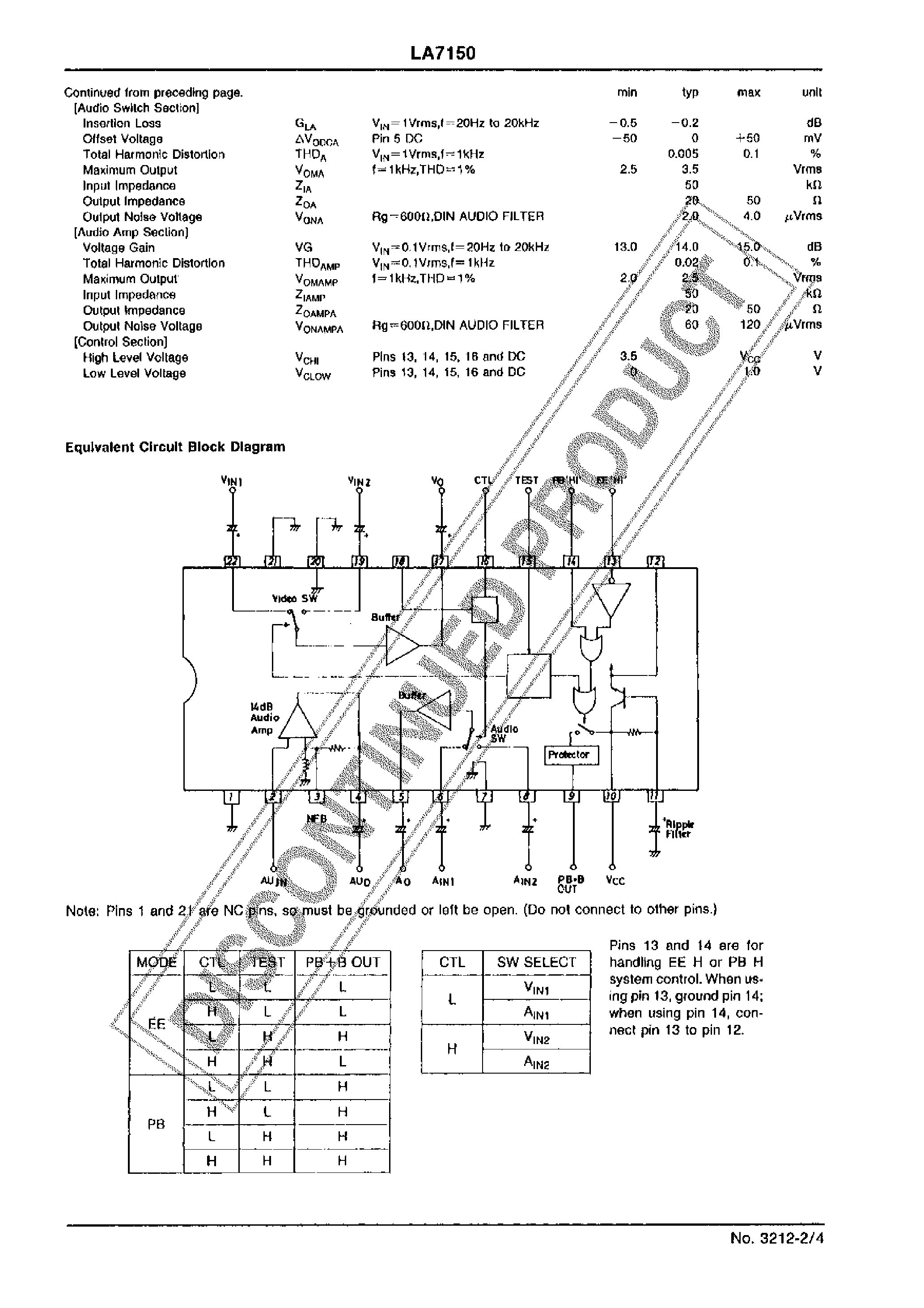 Datasheet LA7150 page 2 Datasheet LA7150 - Audio/Video Switch for PAL System VCR page 2