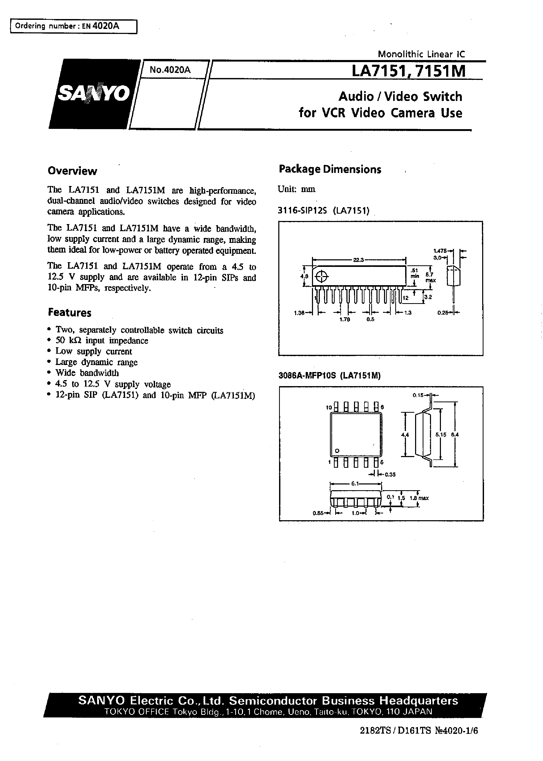 Datasheet LA7151 page 1 Datasheet LA7151 - Audio/Video Switch for VCR Video Camera Use page 1