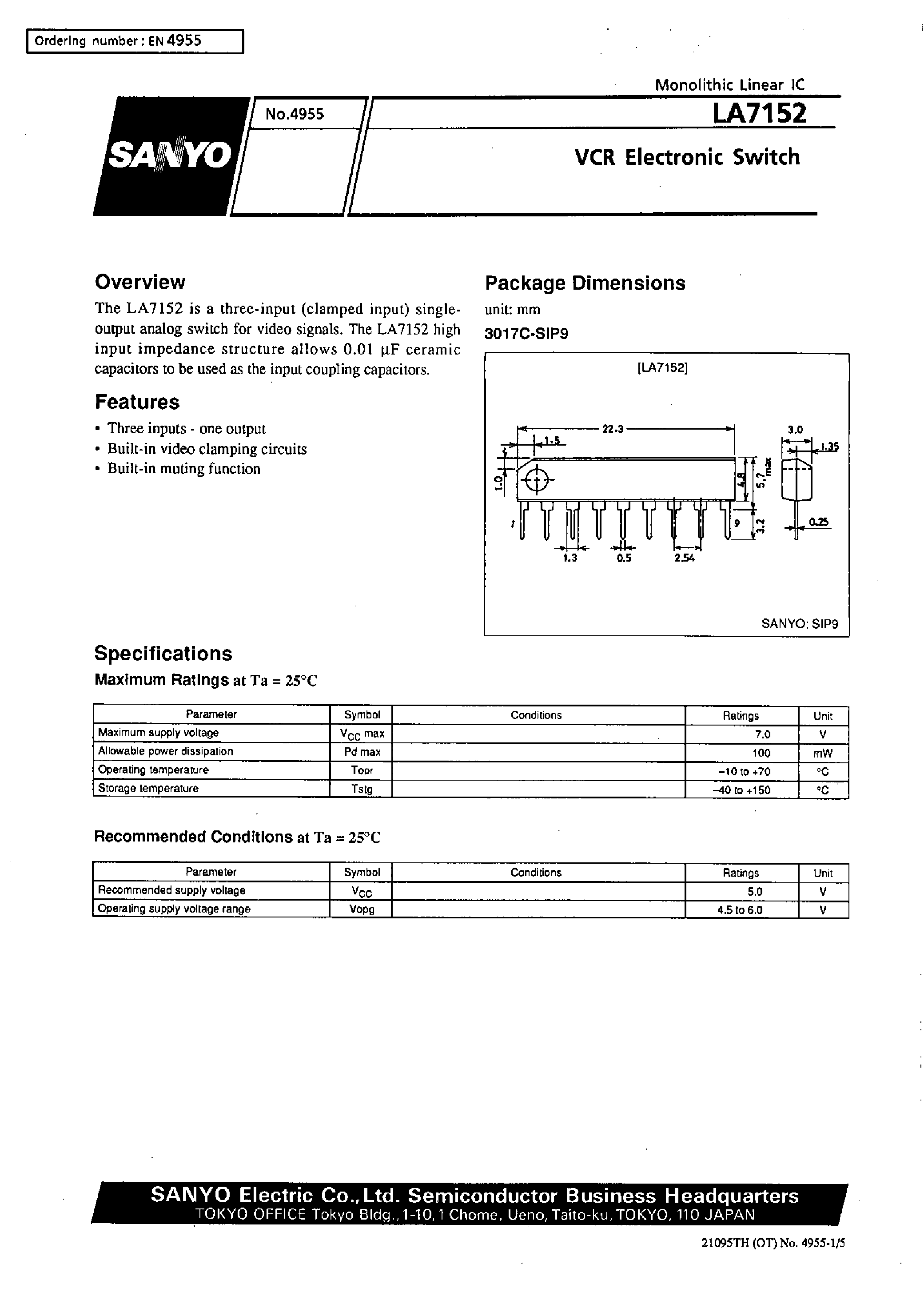 Datasheet LA7152 page 1 Datasheet LA7152 - VCR Electronic Switch page 1