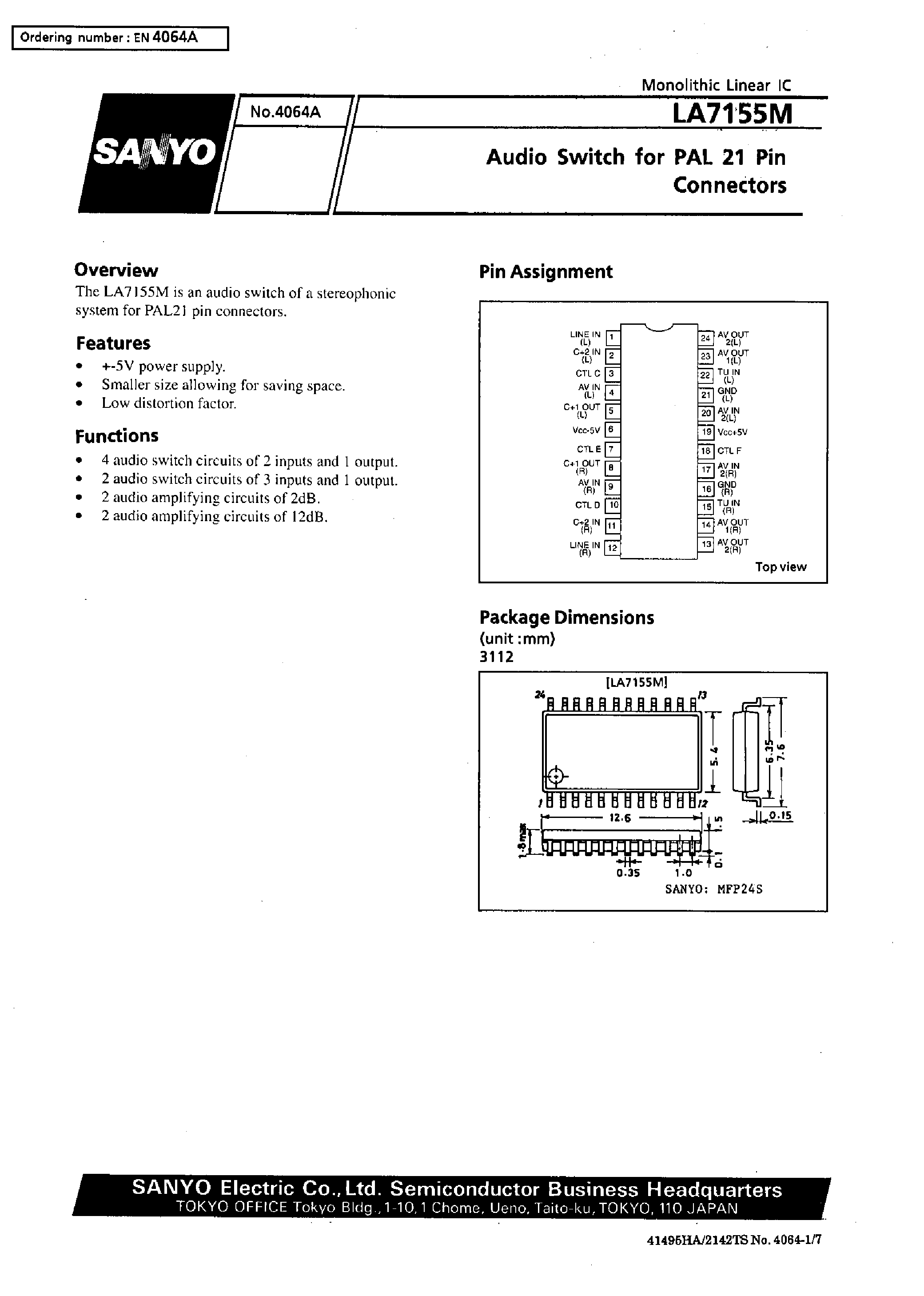 Datasheet LA7155M - Audio Switch for PAL 21 Pin Connectors page 1