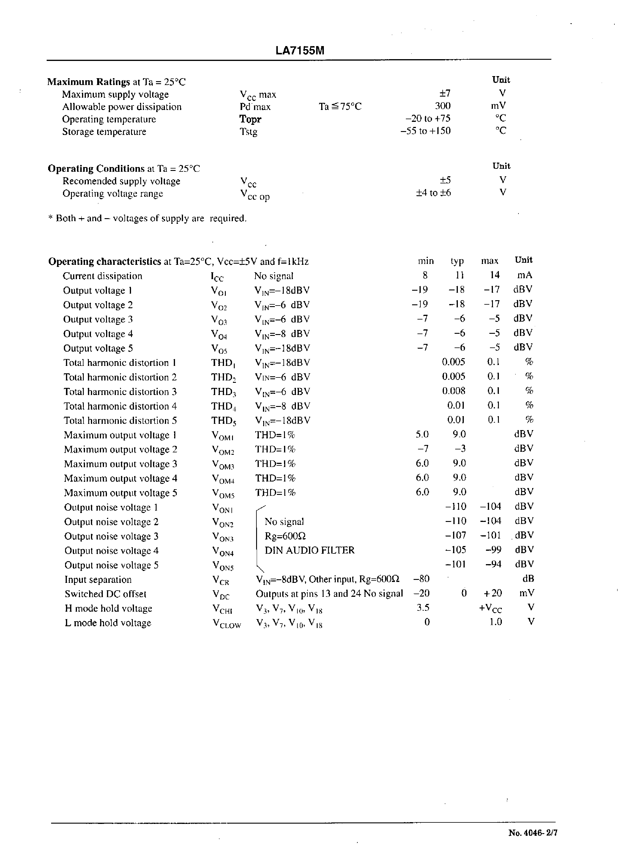 Datasheet LA7155M - Audio Switch for PAL 21 Pin Connectors page 2