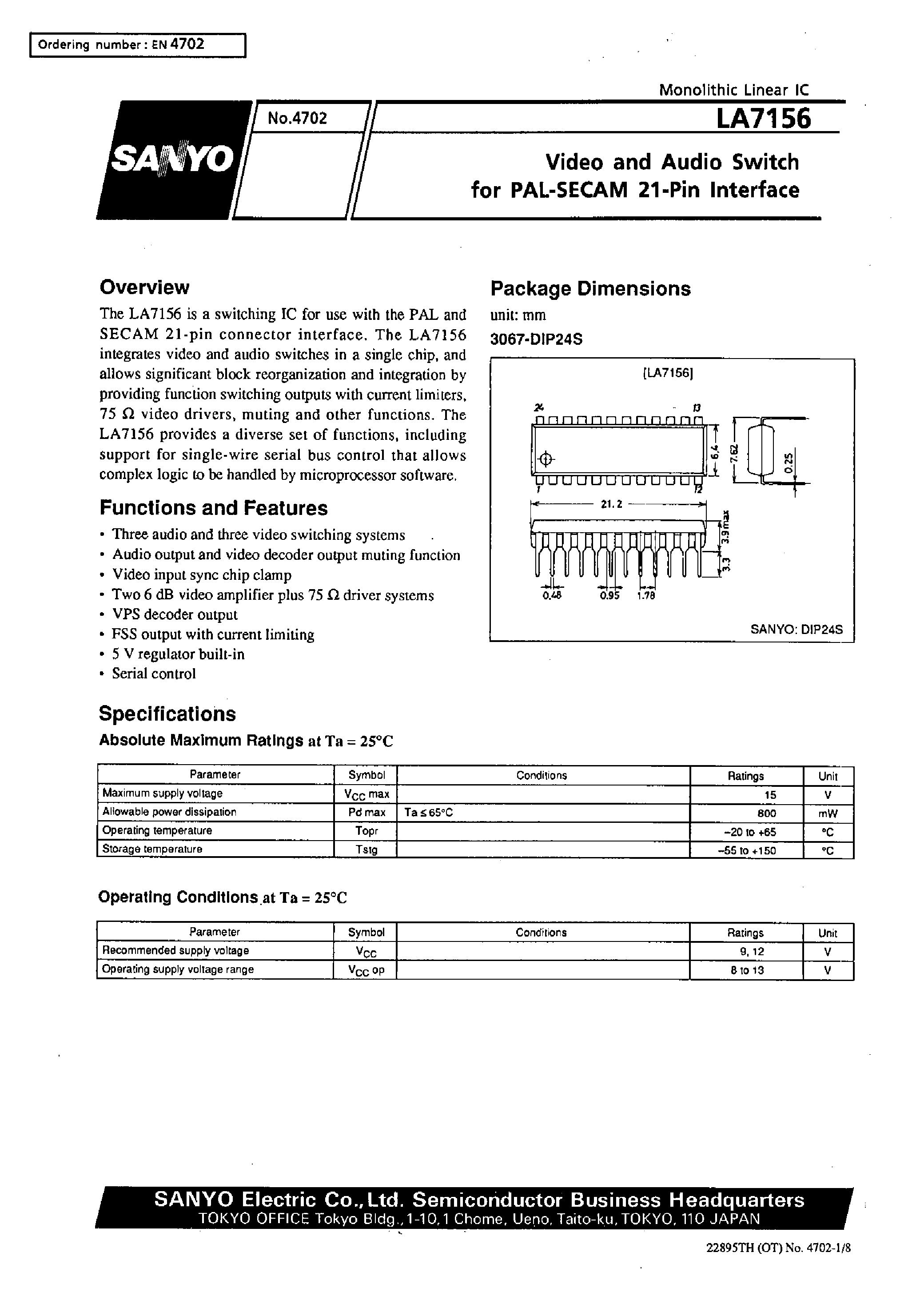 Datasheet LA7156 page 1 Datasheet LA7156 - Video and Audio Switch for PAL-SECAM 21-Pin Interface page 1