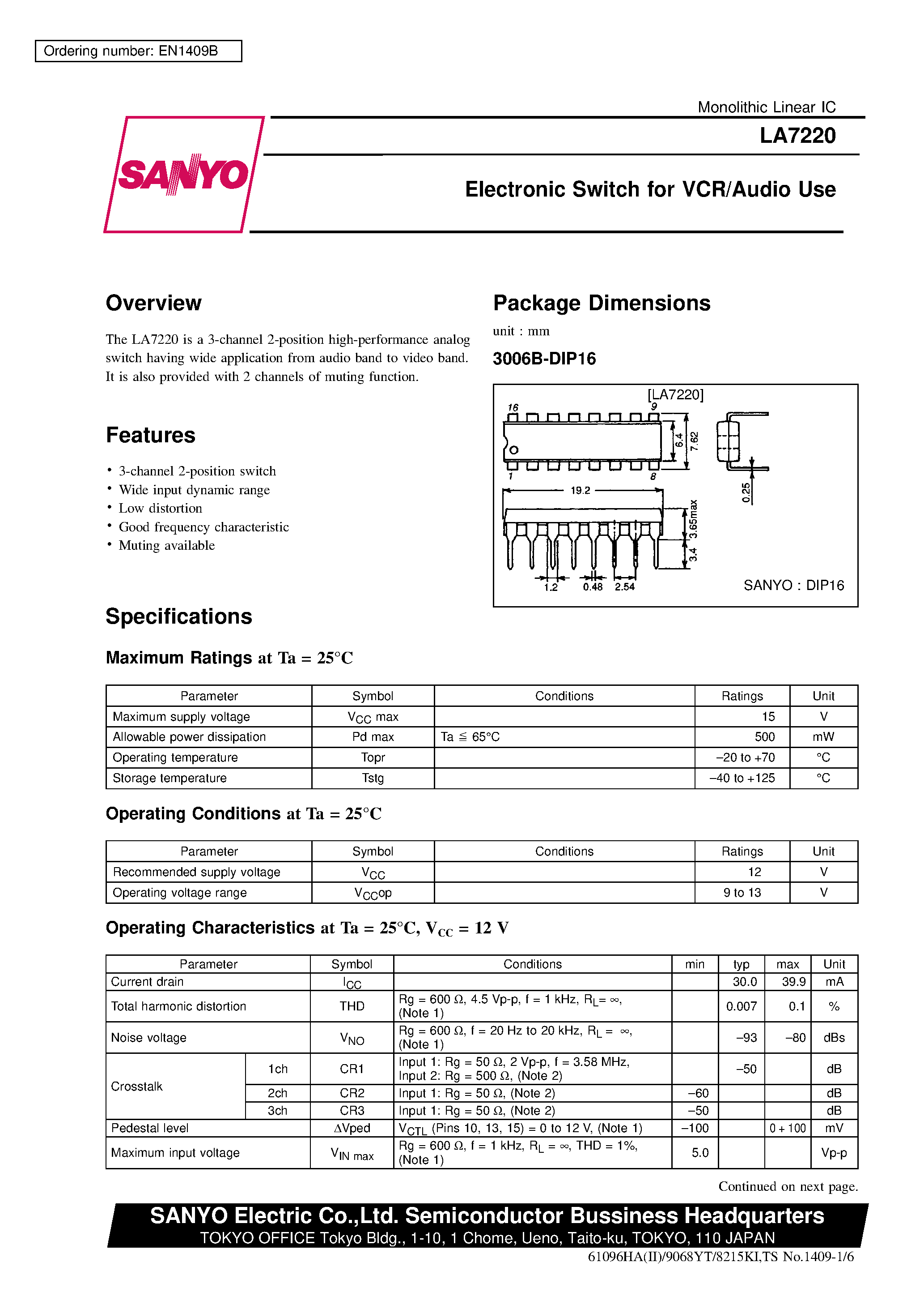 Datasheet LA7220 page 1 Datasheet LA7220 - Electronic Switch for VCR/Audio Use page 1