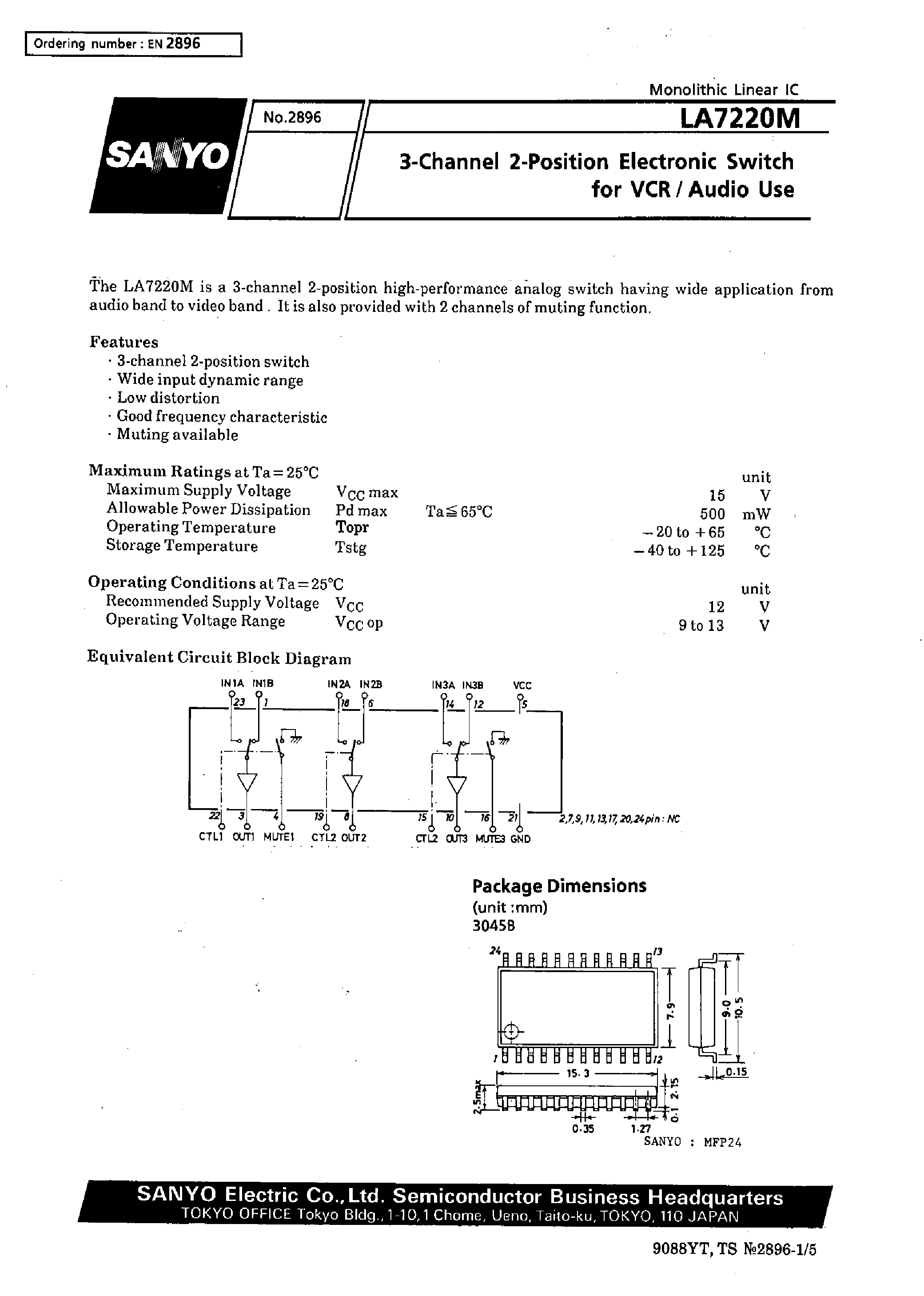 Datasheet LA7220M - 3-Channel 2-Position Electronic Switch for VCR/Audio Use page 1