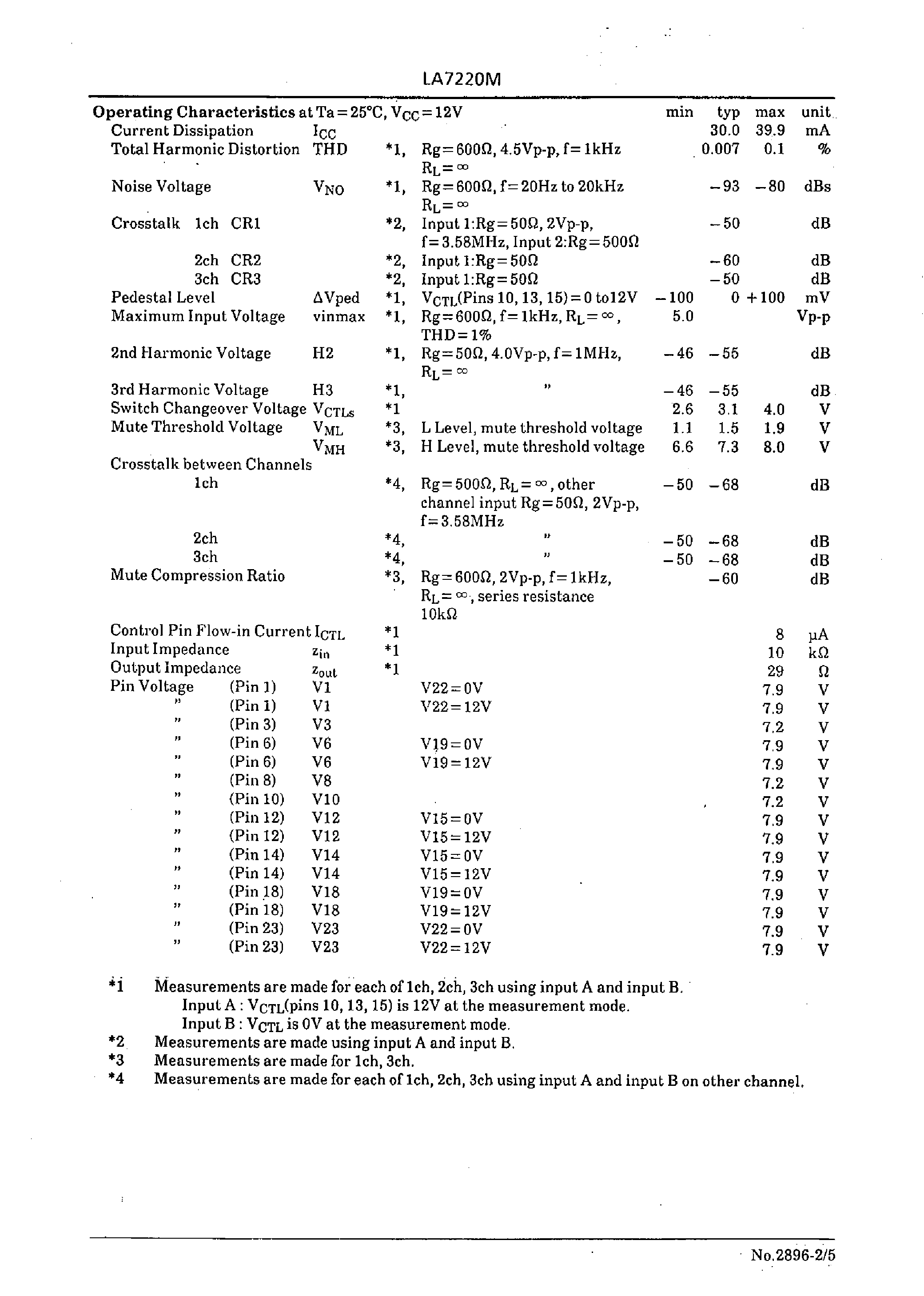 Datasheet LA7220M - 3-Channel 2-Position Electronic Switch for VCR/Audio Use page 2