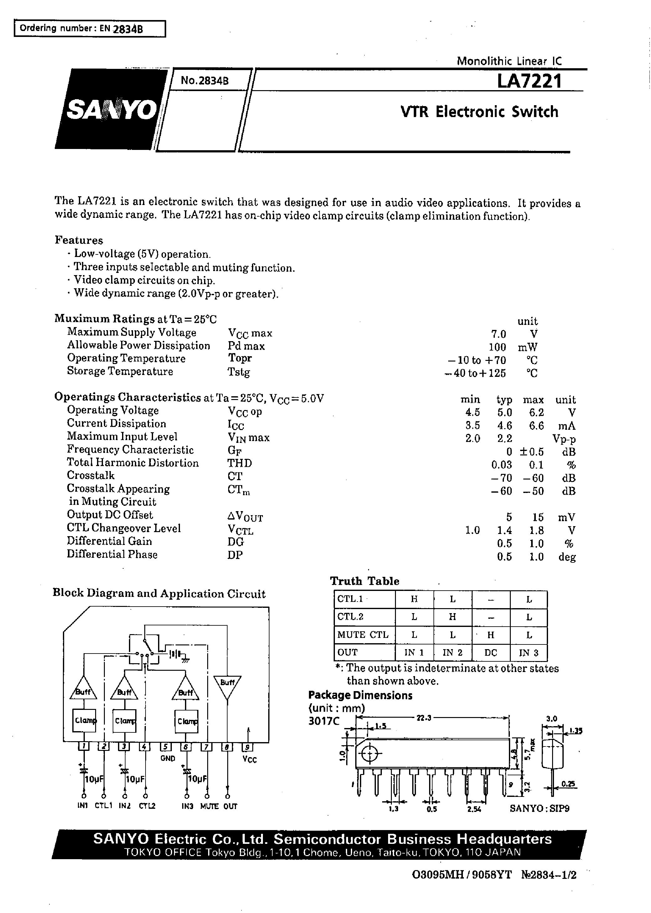Datasheet LA7221 page 1 Datasheet LA7221 - VCR Electronic Switch page 1