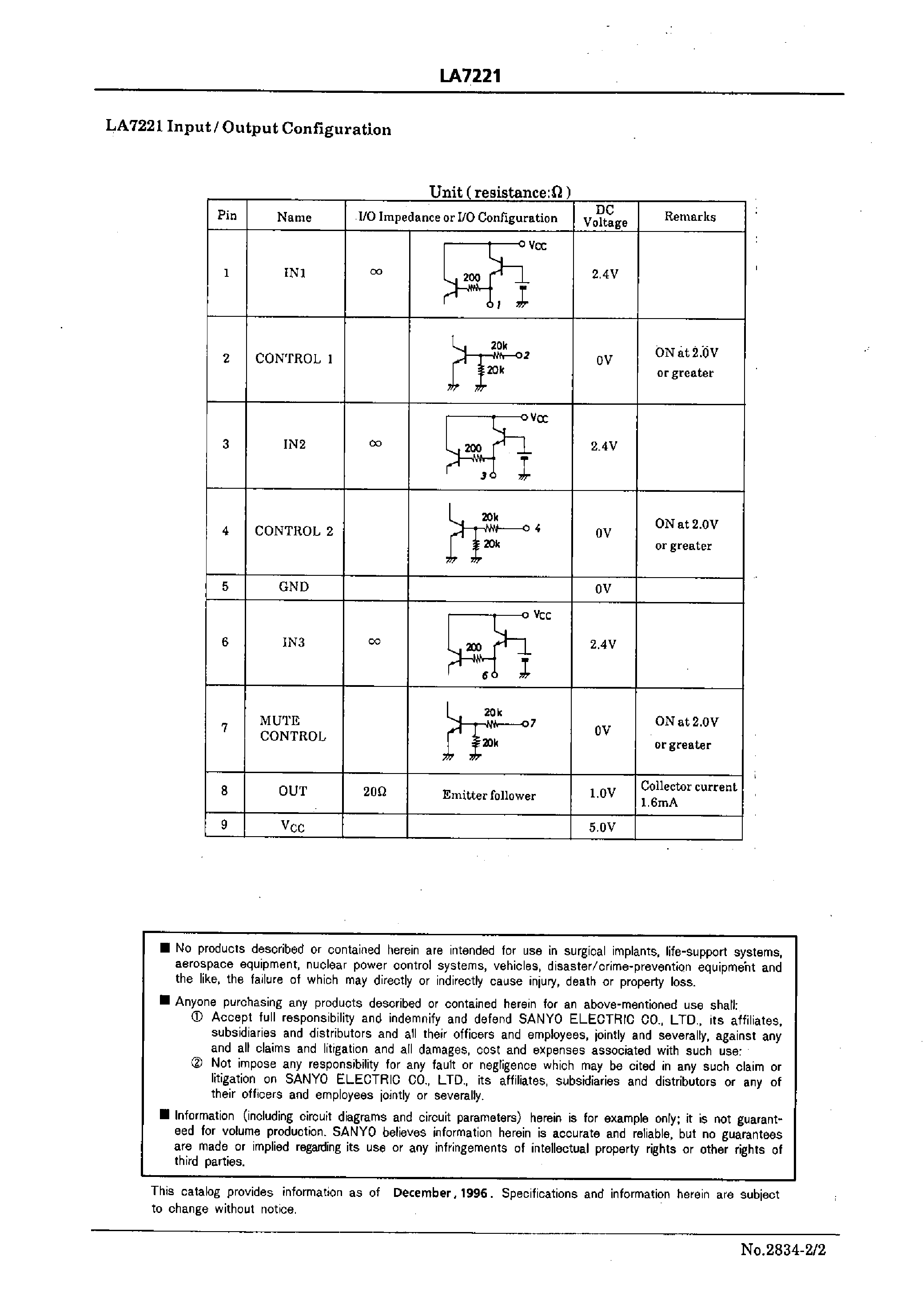 Datasheet LA7221 page 2 Datasheet LA7221 - VCR Electronic Switch page 2