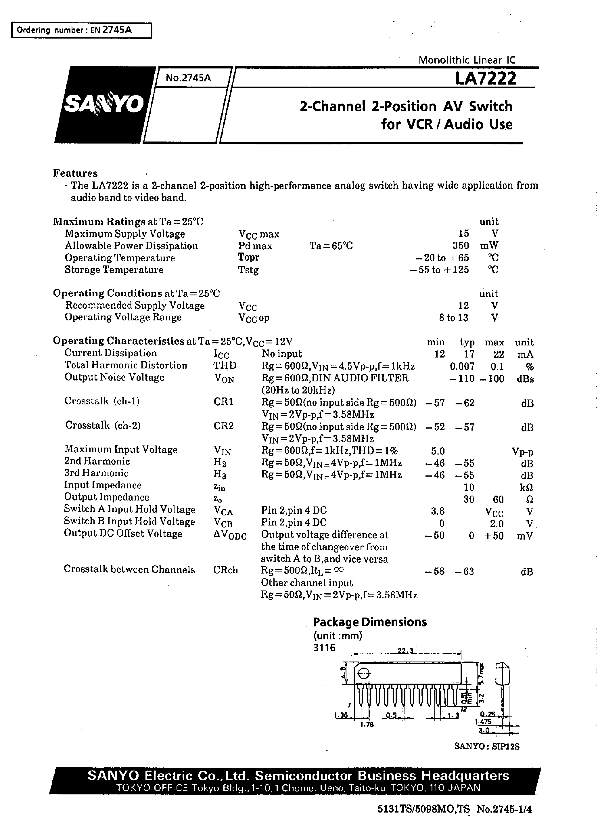 Datasheet LA7222 - 2-Channel 2-Position AV Switch for VCR/Audio Use page 1