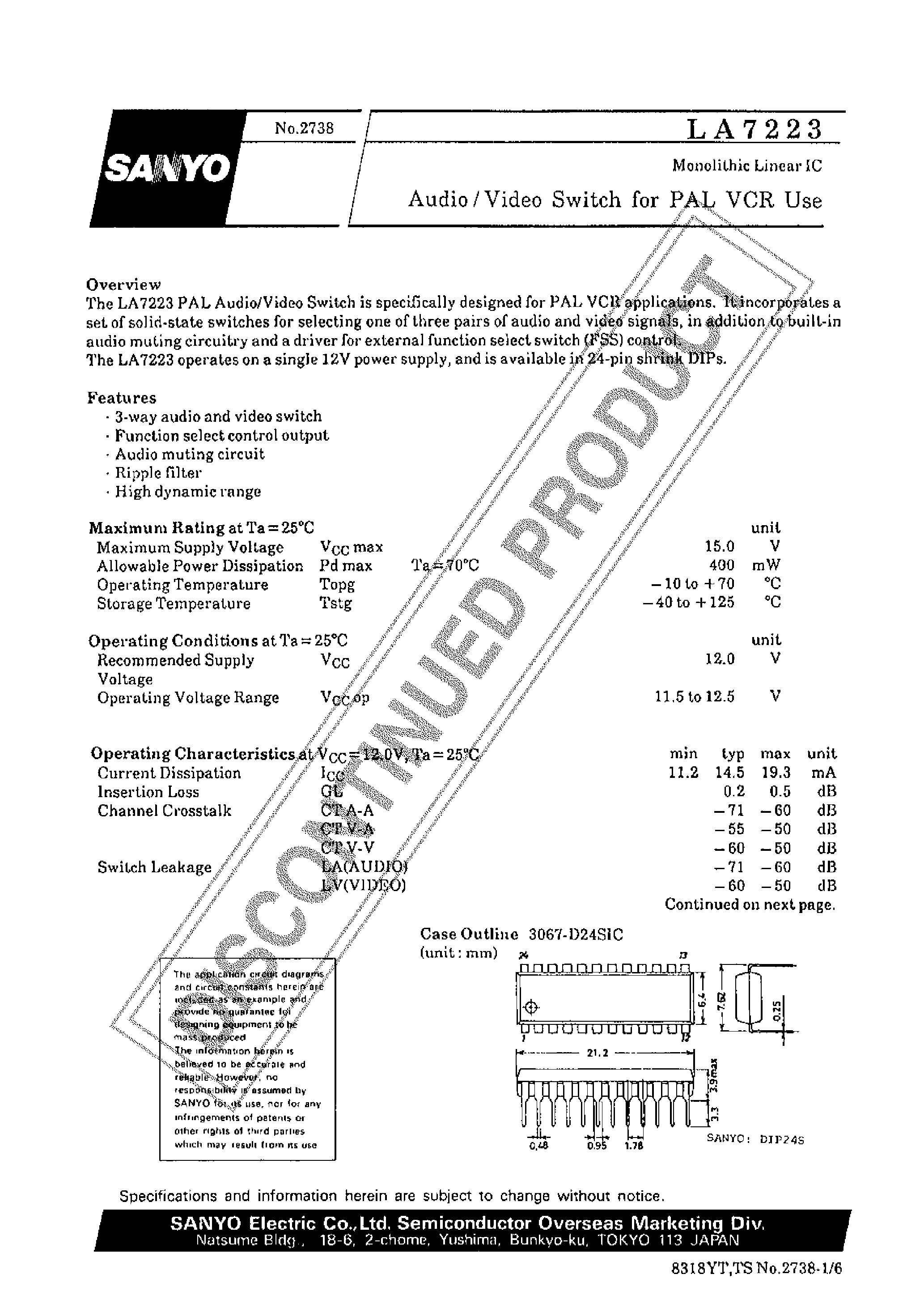 Datasheet LA7223 - AUDIO / VIDEO SWITCH FOR PAL VCR USE page 1