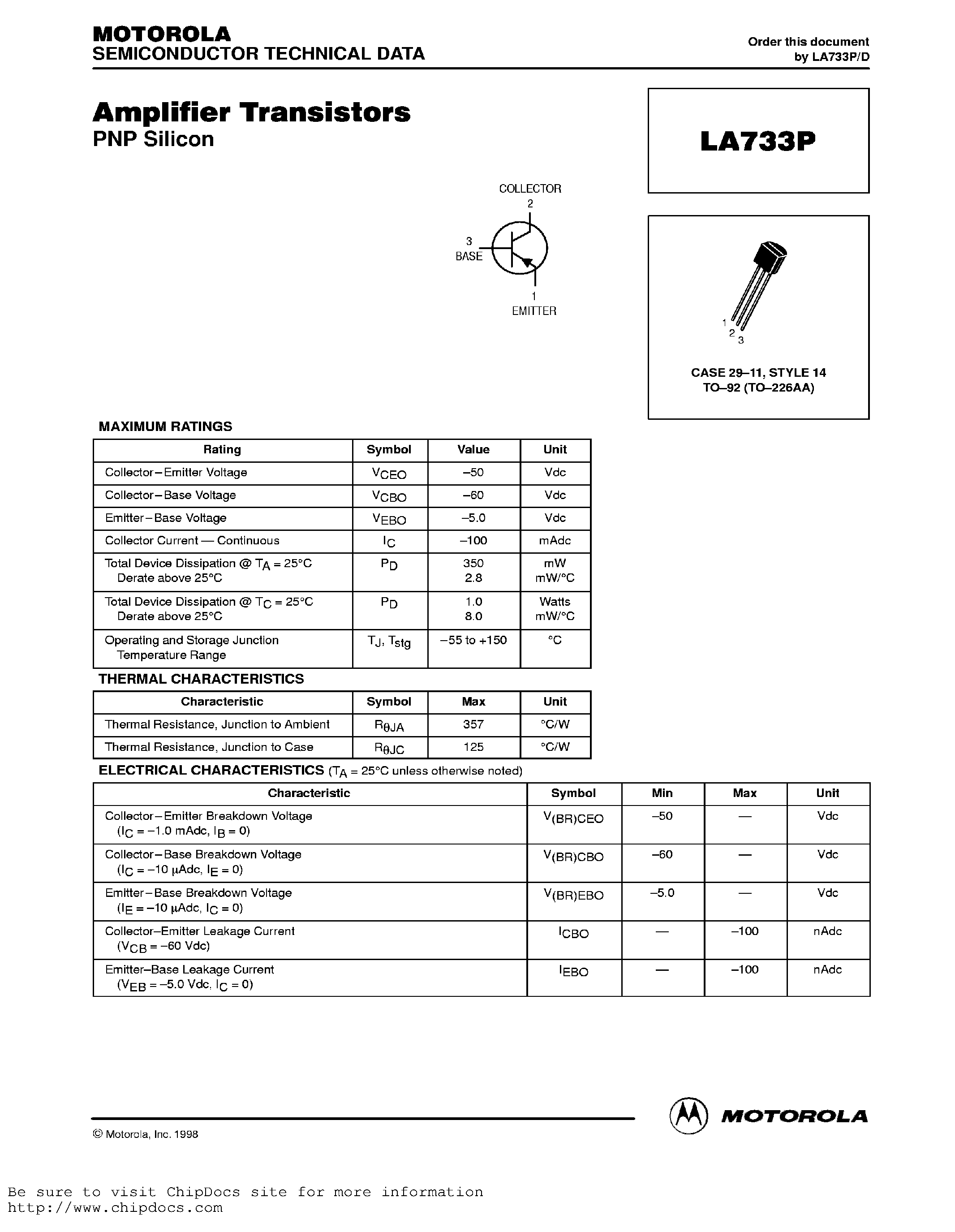 Даташит на микросхему LA733P страница 1 Даташит LA733P - Amplifier Transistors (PNP) страница 1