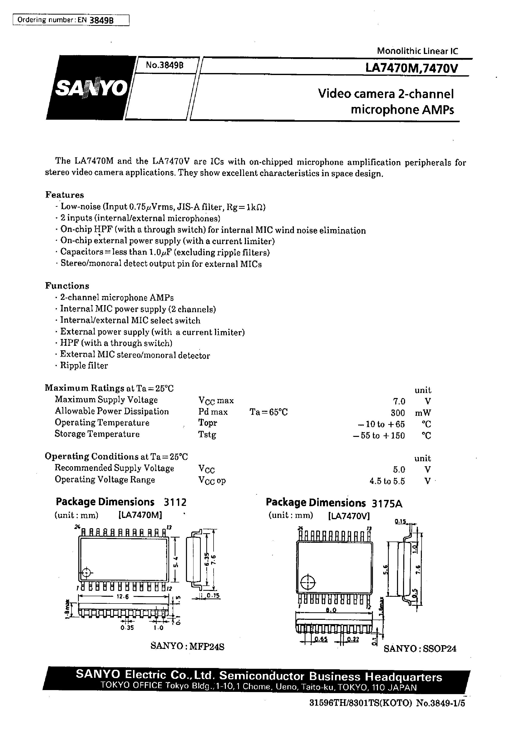Datasheet LA7470 page 1 Datasheet LA7470 - Video camera 2-channel microphone AMPs page 1
