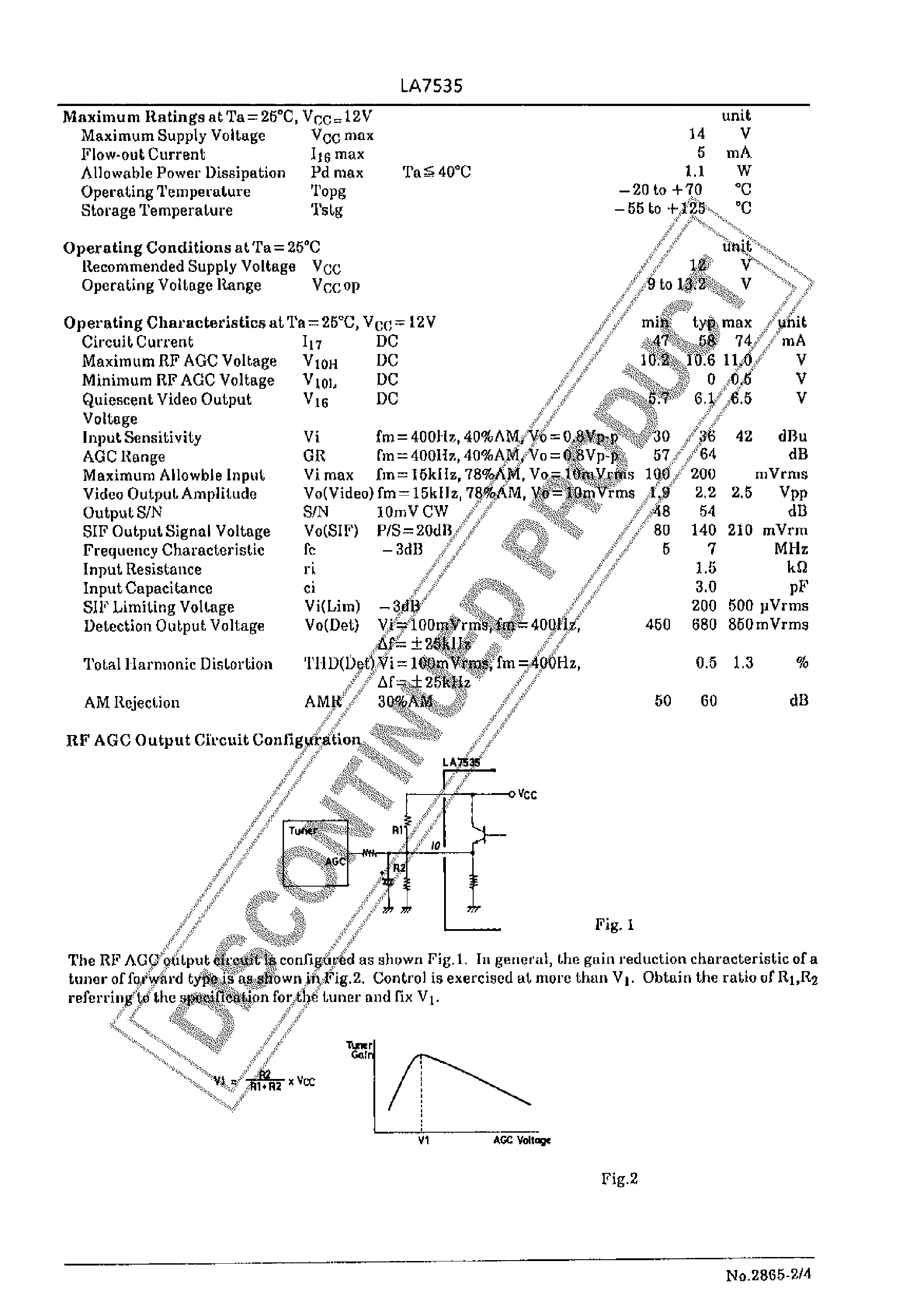 Datasheet LA7535 page 2 Datasheet LA7535 - CIRCUIT FOR B/W TV APPLICATIONS page 2