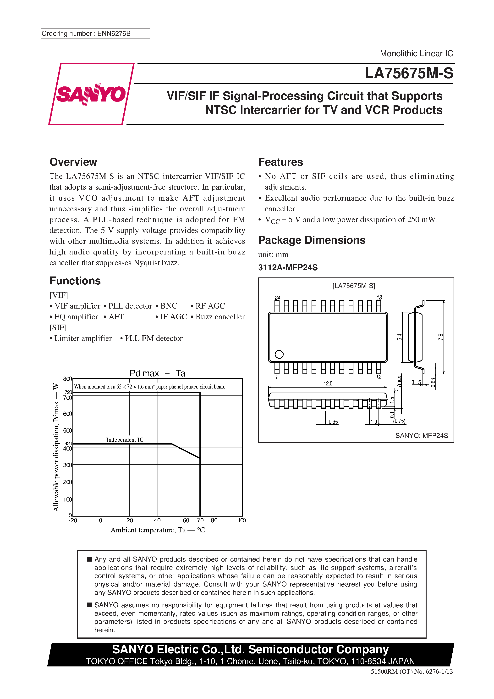 Datasheet LA75675M-S - VIF/SIF IF Signal-Processing Circuit that Supports NTSC Intercarrier for TV and VCR Products page 1
