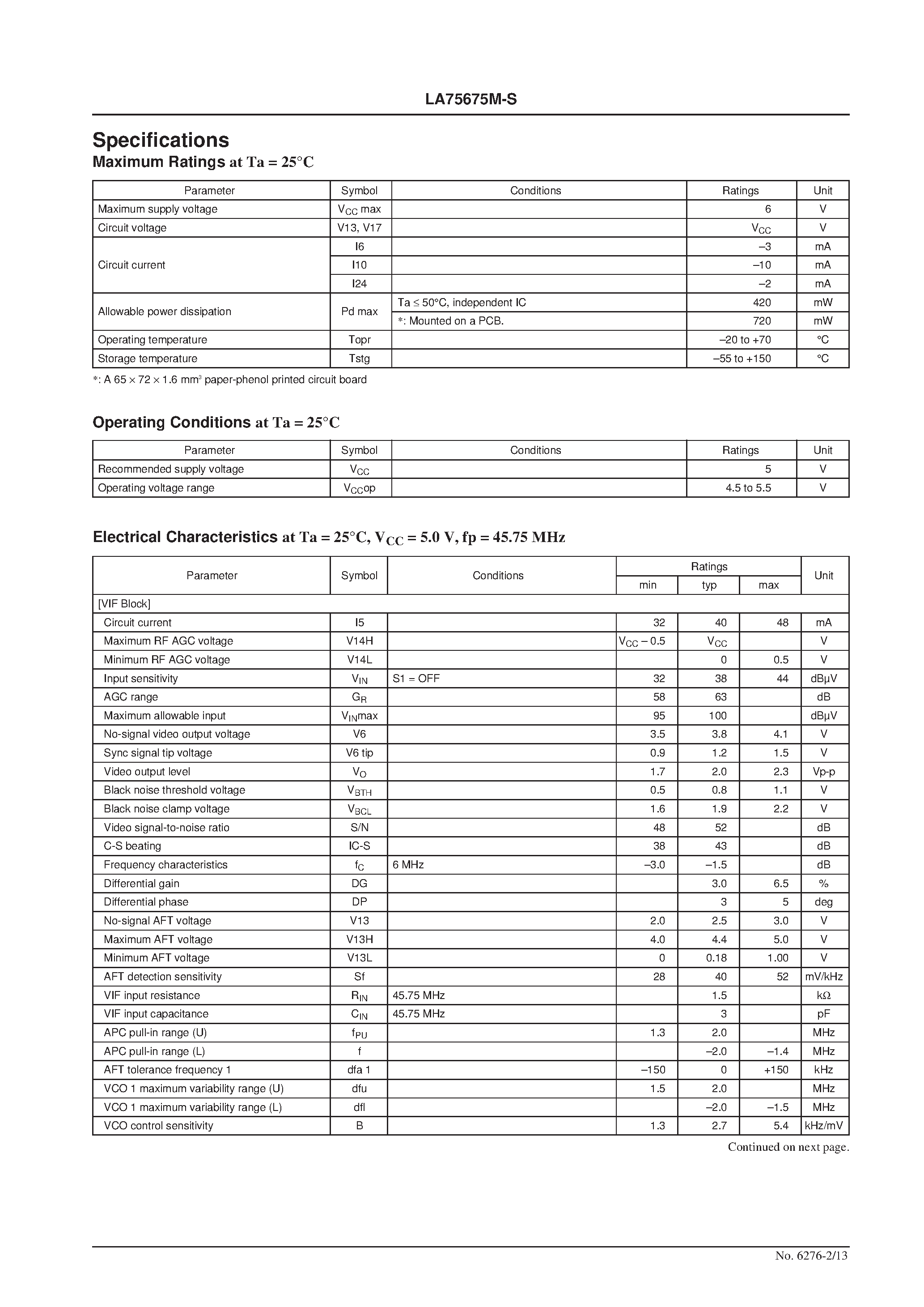 Datasheet LA75675M-S - VIF/SIF IF Signal-Processing Circuit that Supports NTSC Intercarrier for TV and VCR Products page 2