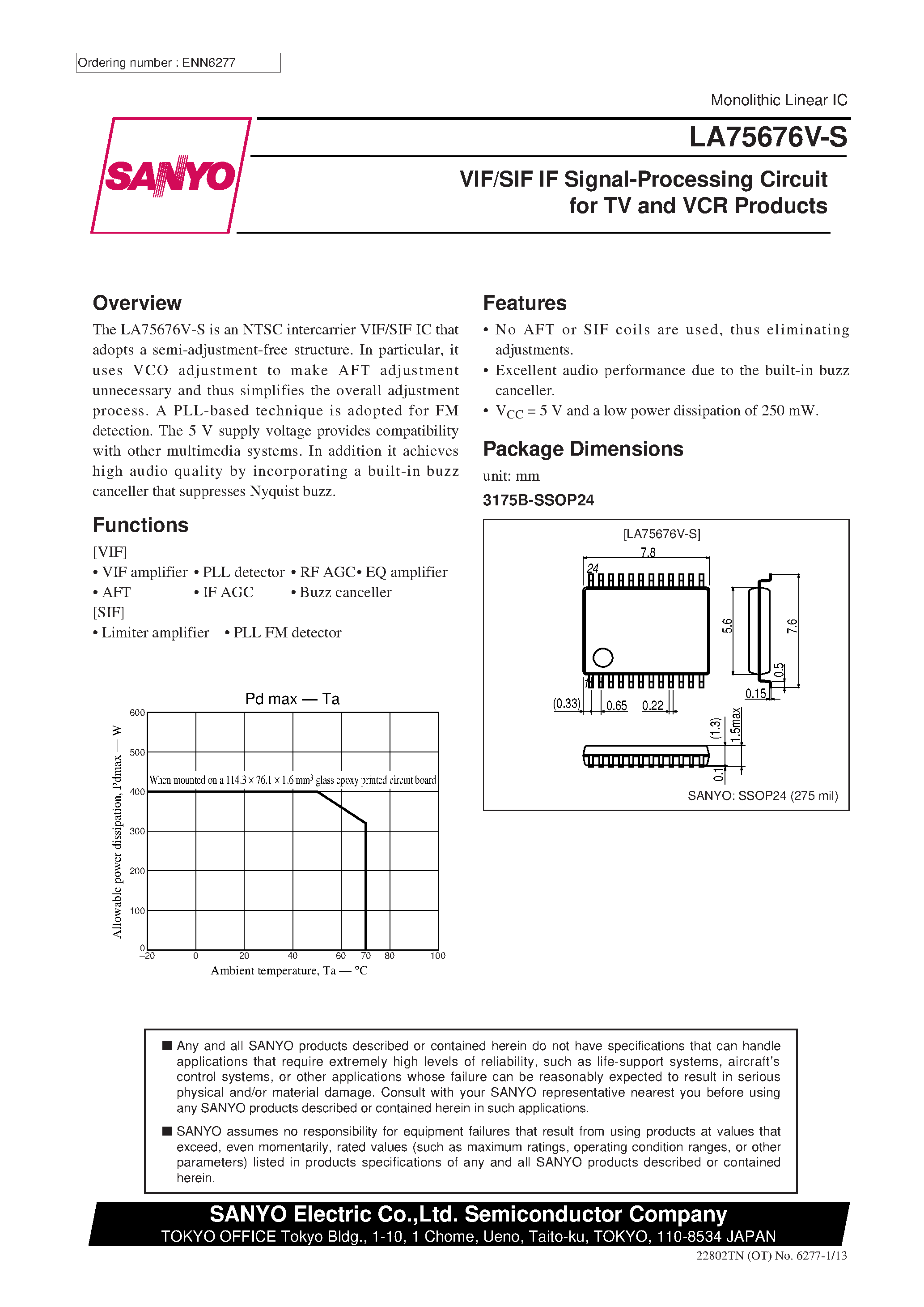 Datasheet LA75676V-S - VIF/SIF IF Signal-Processing Circuit for TV and VCR Products page 1