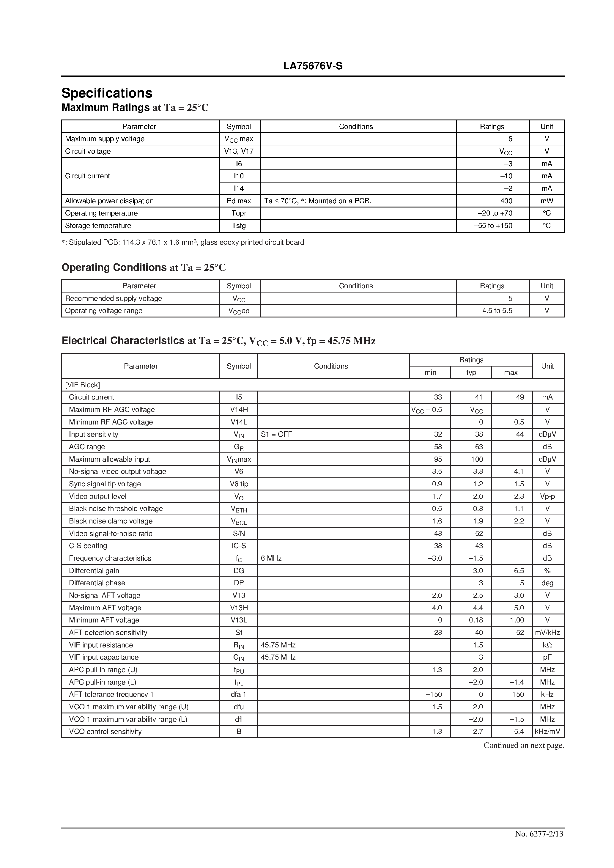 Datasheet LA75676V-S - VIF/SIF IF Signal-Processing Circuit for TV and VCR Products page 2