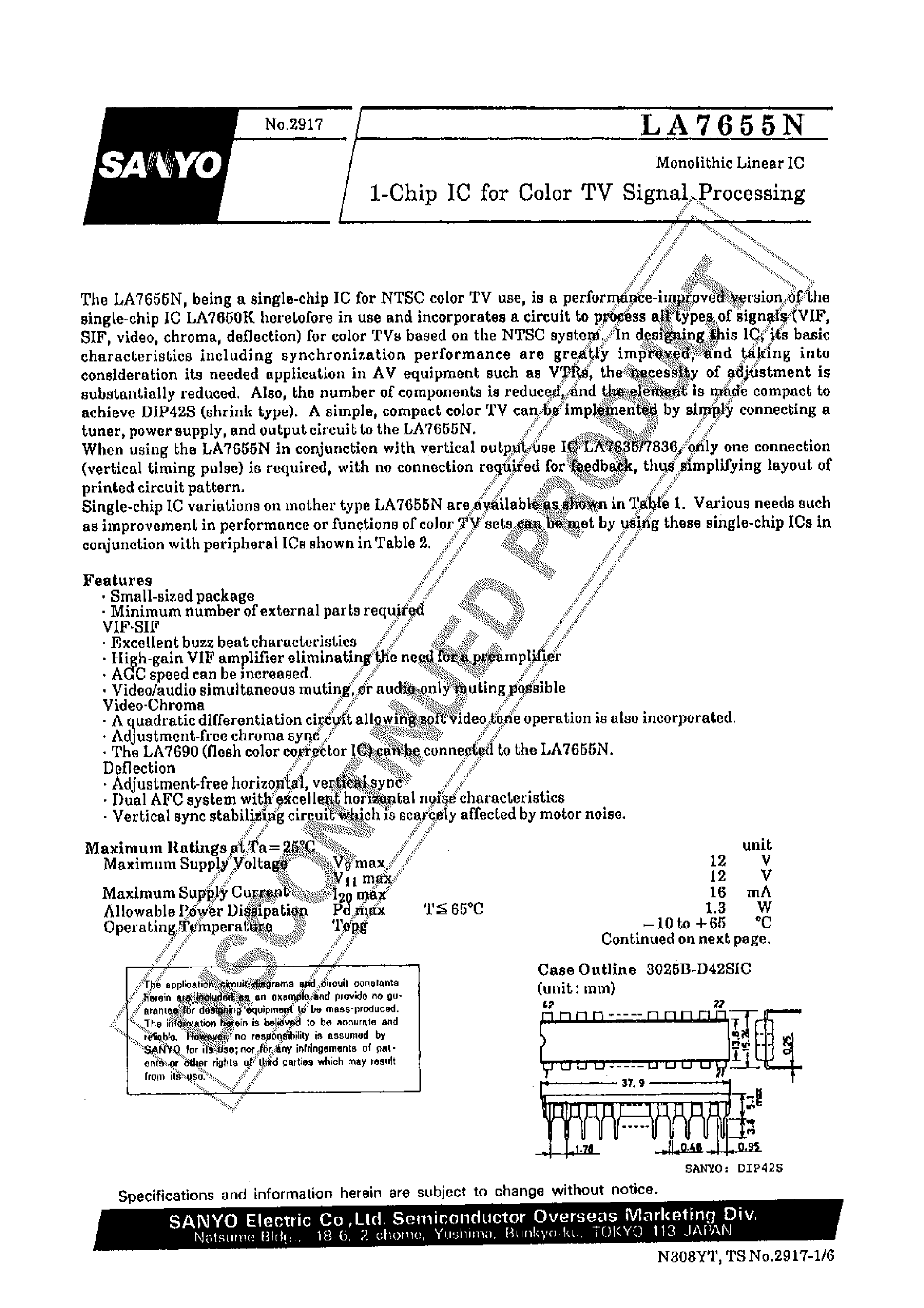 Даташит на микросхему LA7655N страница 1 Даташит LA7655N - 1-Chip IC for Color TV Signal Processing страница 1