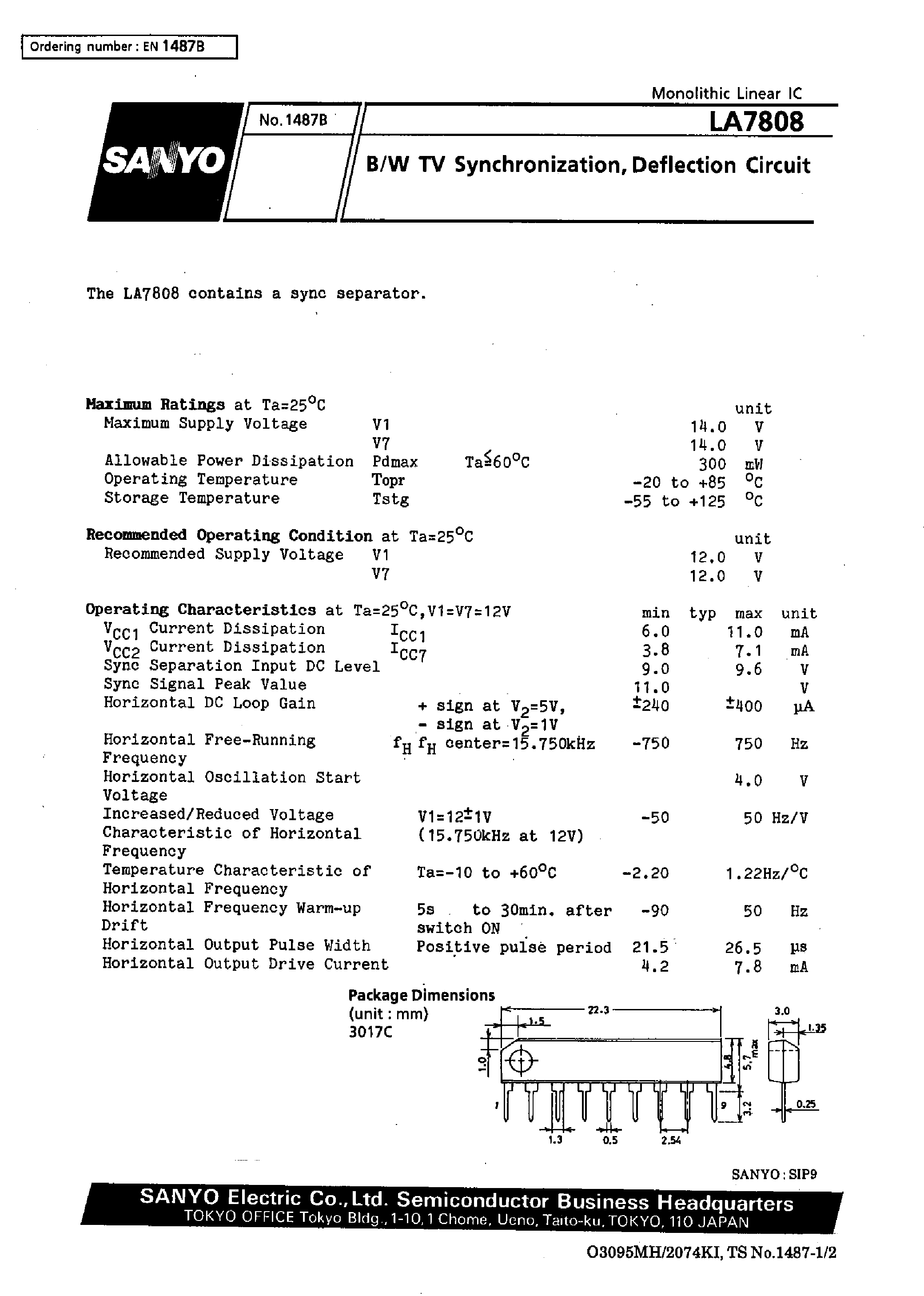 Даташит на микросхему LA7808 страница 1 Даташит LA7808 - B/W TV Synchronization / Deflection Circuit страница 1