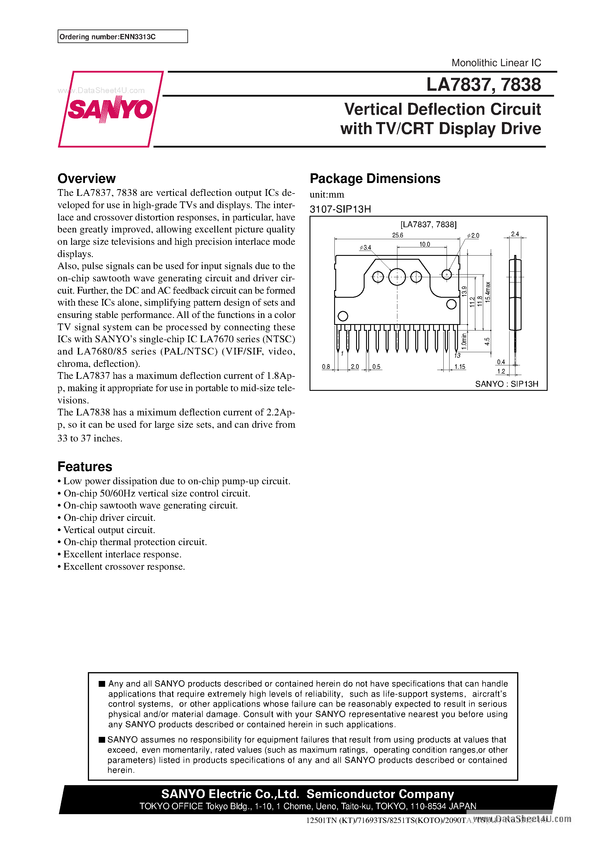 Даташит LA7838 - Vertical Deflection Circuit with TV / CRT Display Drive страница 1