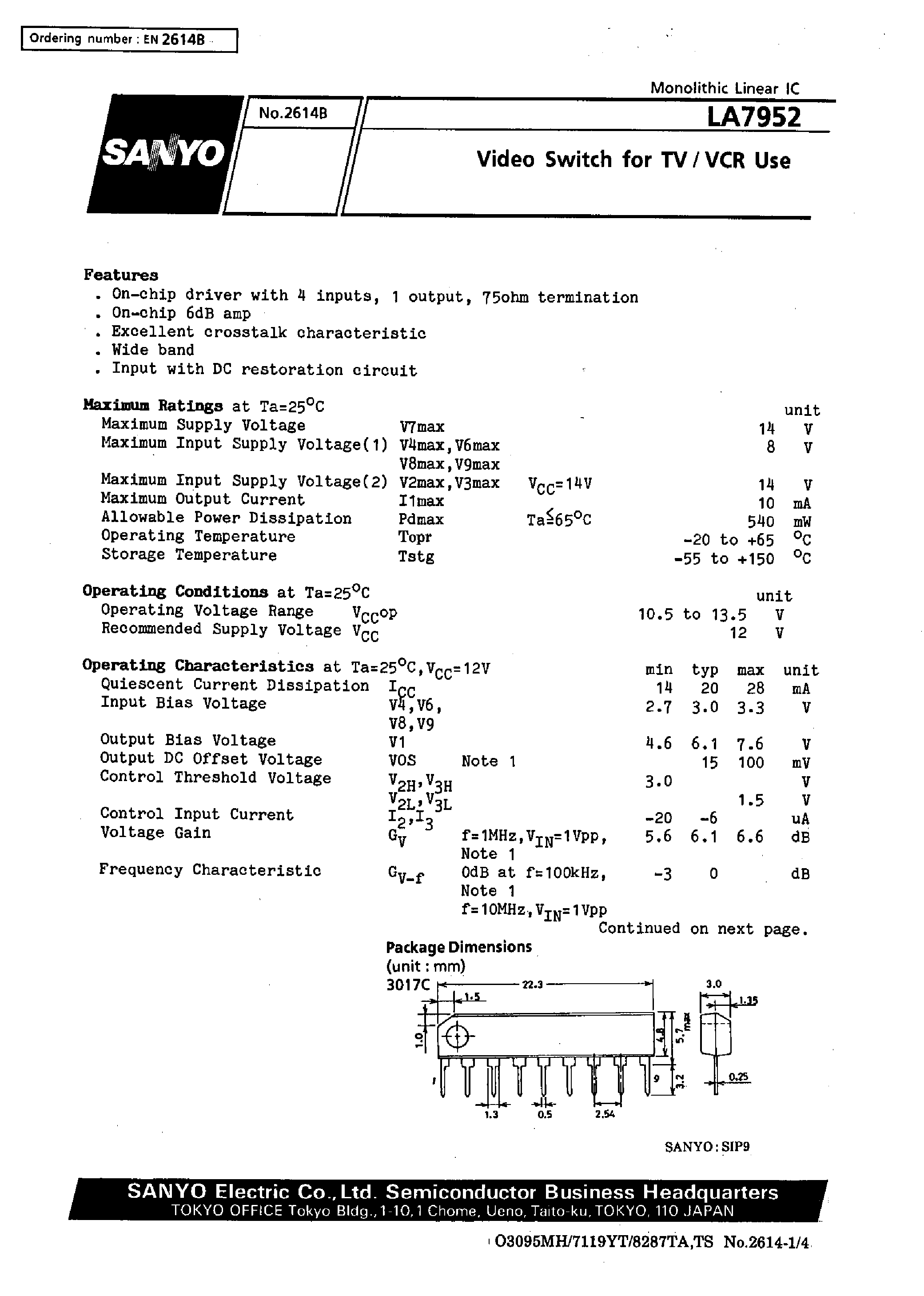 Datasheet LA7952 - Video Switch for TV/VCR Use page 1