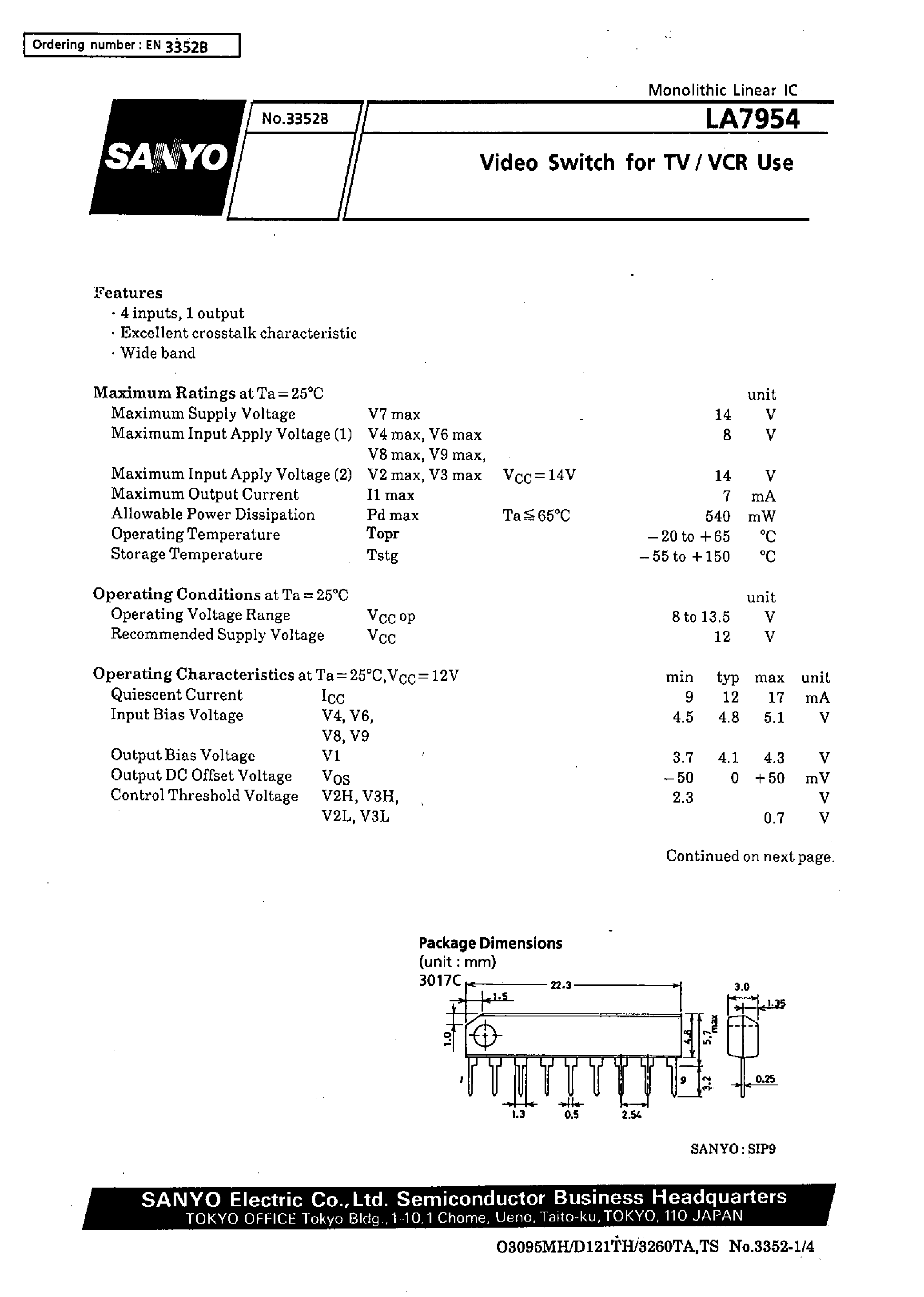 Datasheet LA7954 - Video Switch for TV/VCR Use page 1