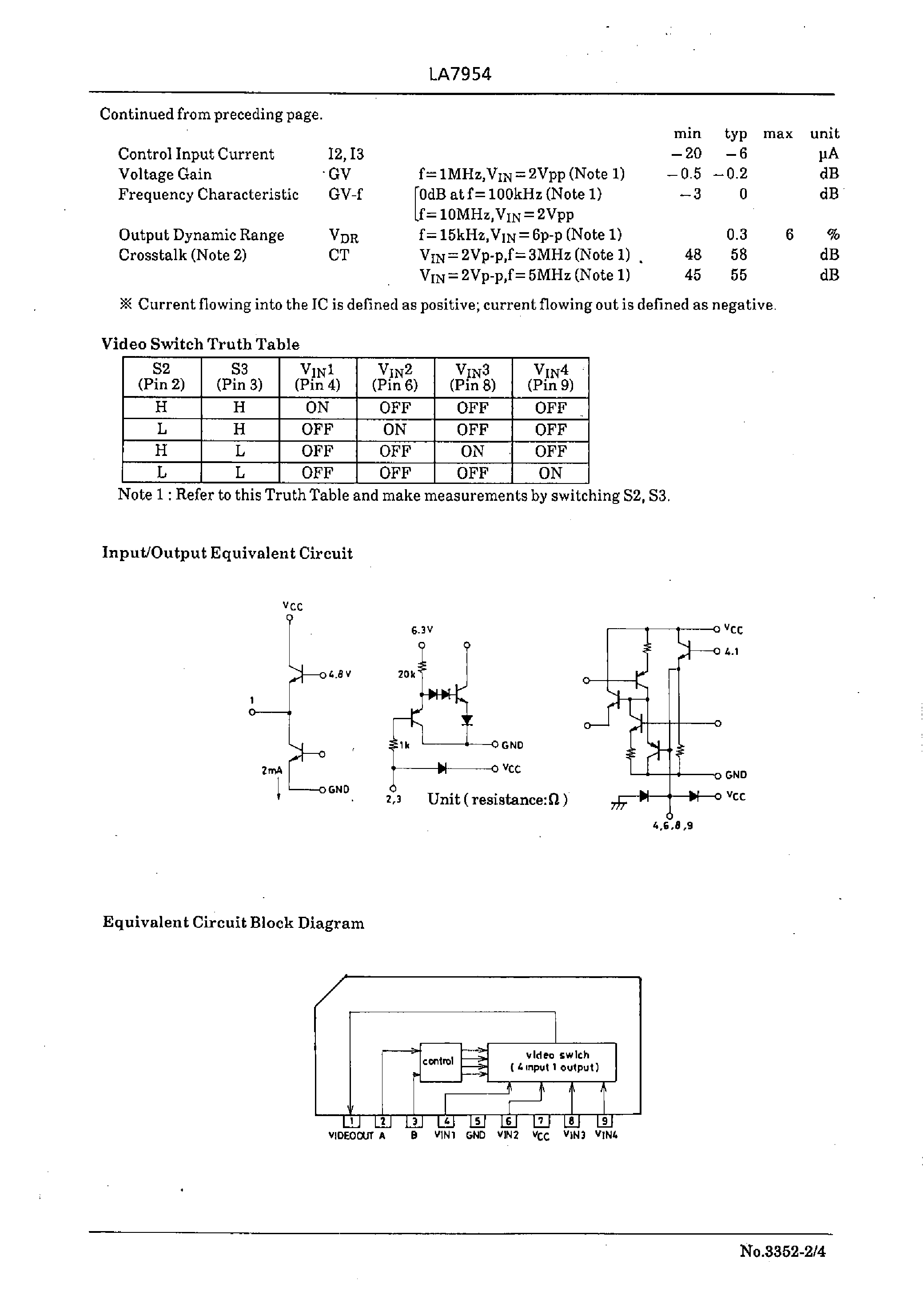 Datasheet LA7954 - Video Switch for TV/VCR Use page 2