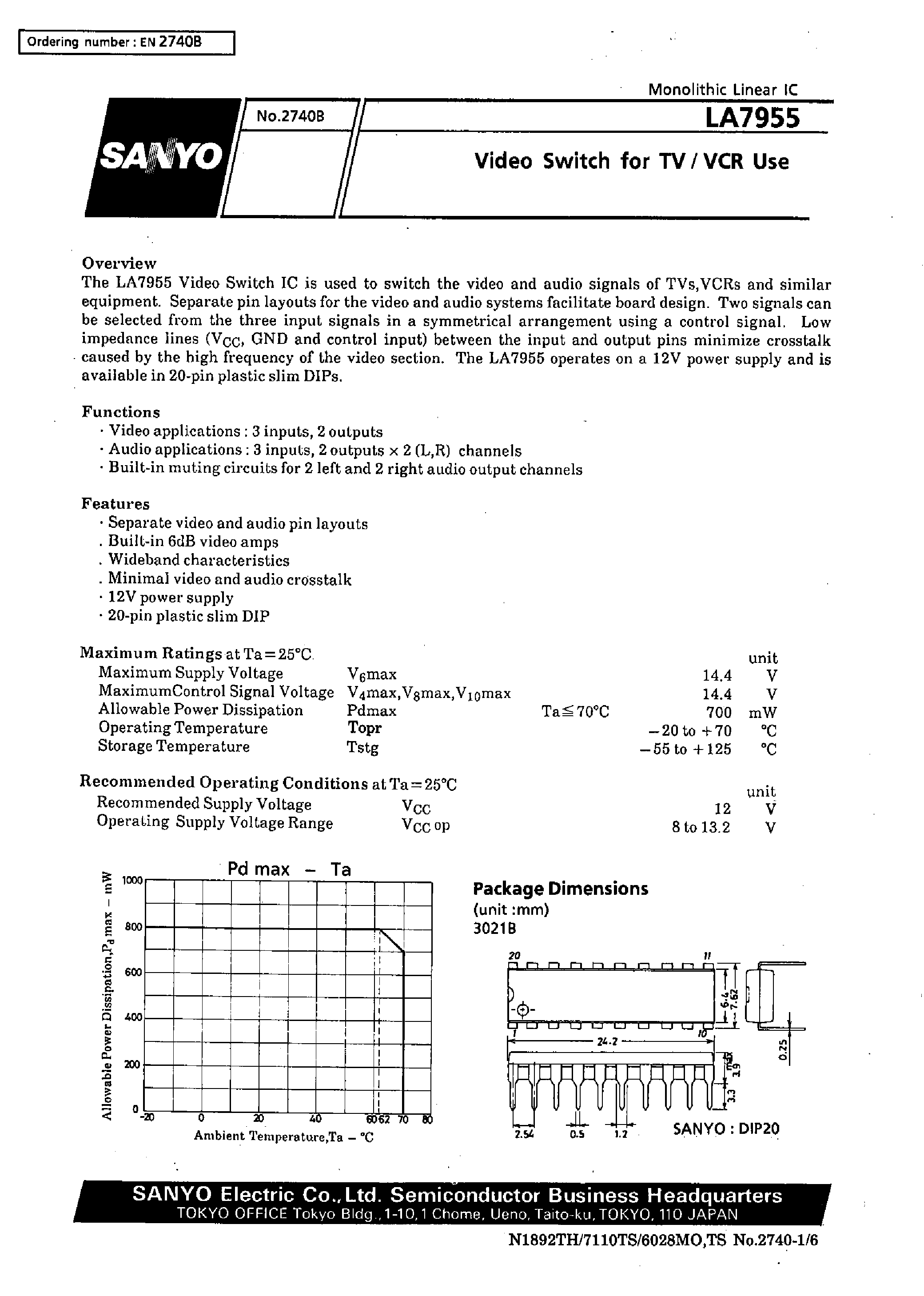 Datasheet LA7955 - Video Switch for TV/VCR Use page 1
